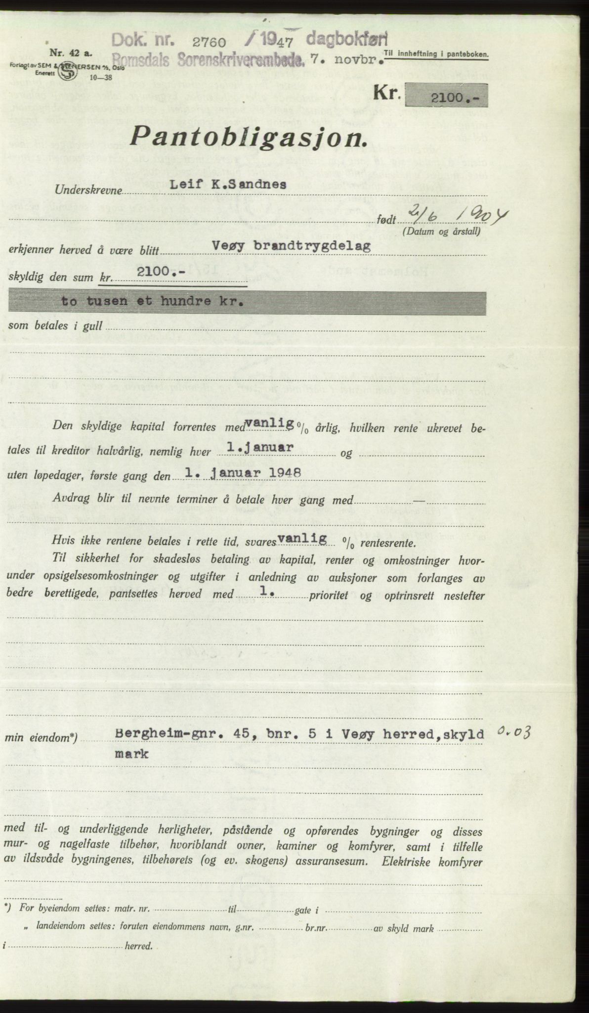 Romsdal sorenskriveri, SAT/A-4149/1/2/2C: Pantebok nr. B3, 1946-1948, Dagboknr: 2760/1947
