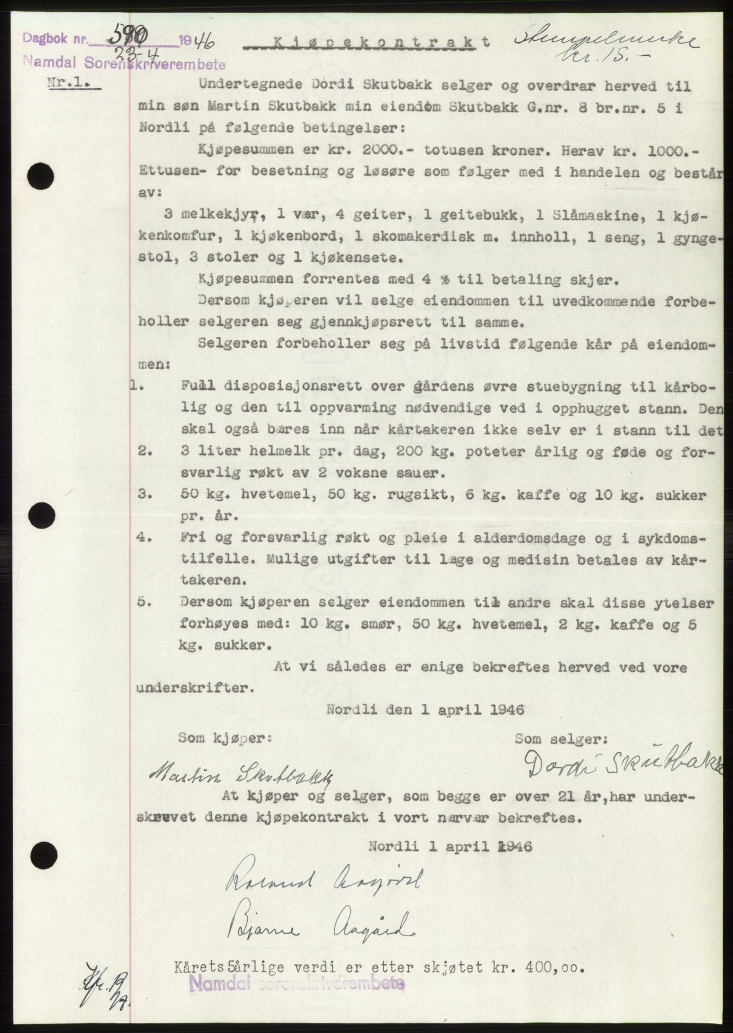 Namdal sorenskriveri, SAT/A-4133/1/2/2C: Pantebok nr. -, 1946-1946, Dagboknr: 590/1946