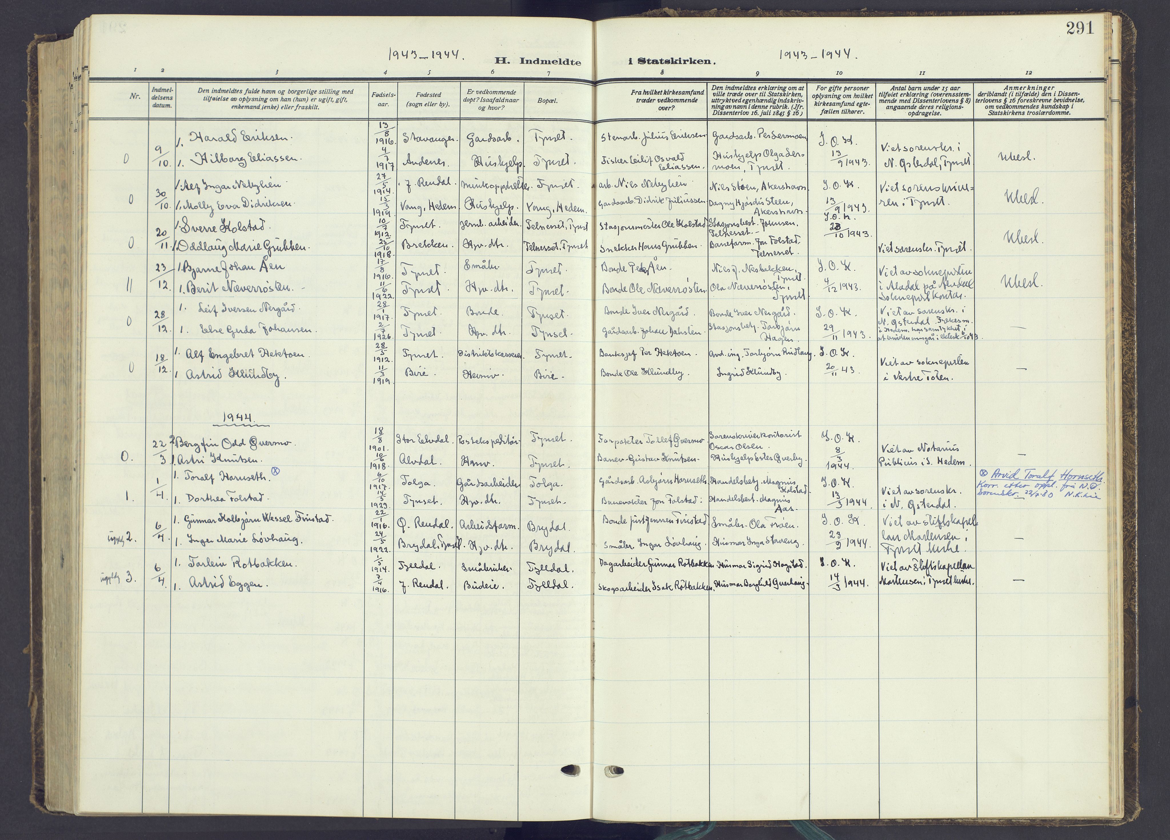 Tynset prestekontor, SAH/PREST-058/H/Ha/Haa/L0027: Ministerialbok nr. 27, 1930-1944, s. 291