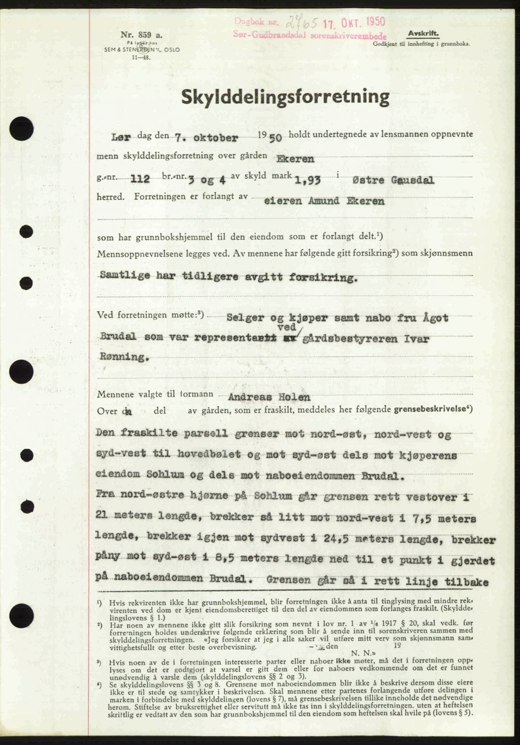 Sør-Gudbrandsdal tingrett, SAH/TING-004/H/Hb/Hbd/L0029: Pantebok nr. A29, 1950-1950, Dagboknr: 2765/1950