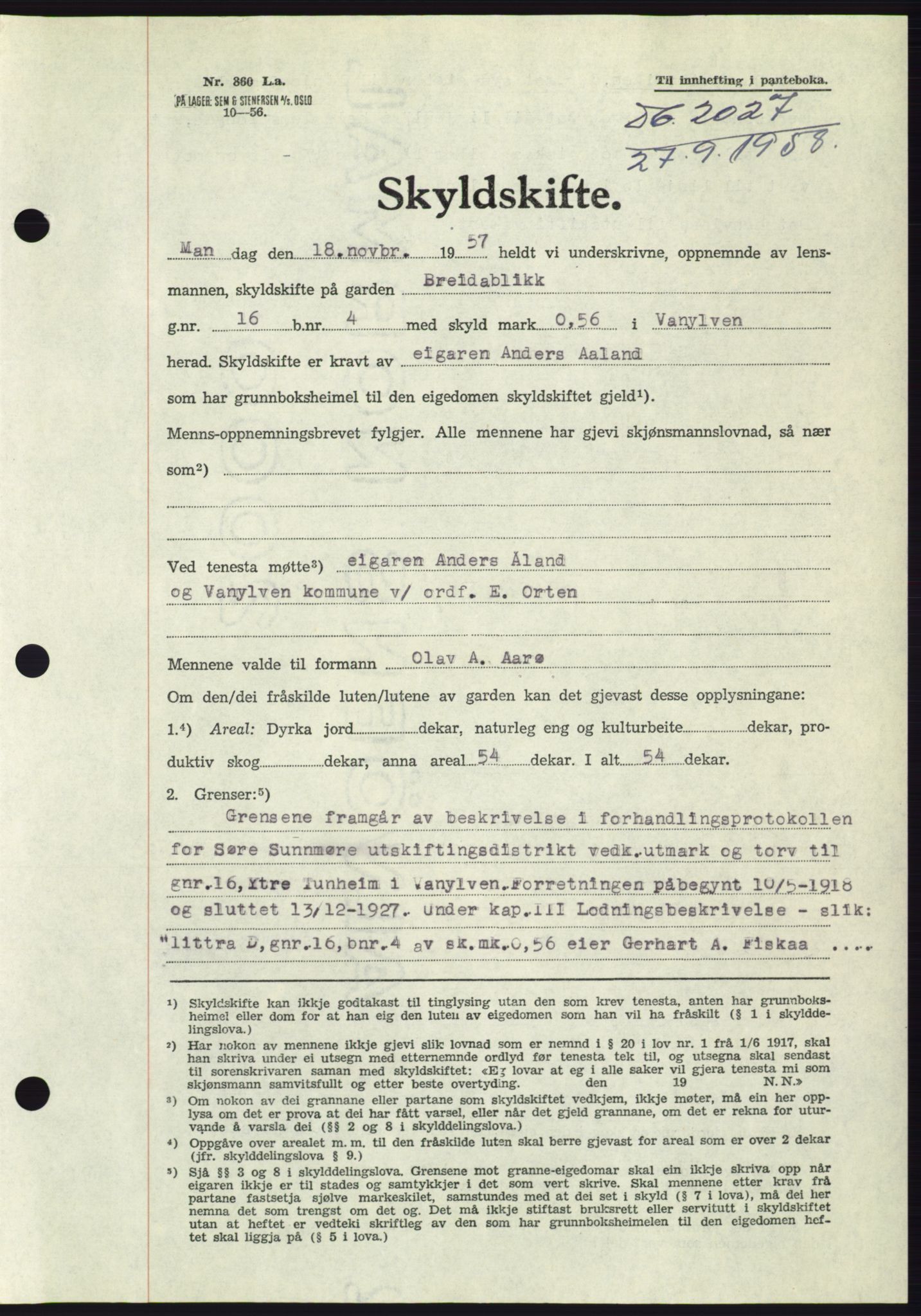 Søre Sunnmøre sorenskriveri, AV/SAT-A-4122/1/2/2C/L0110: Pantebok nr. 36A, 1958-1958, Dagboknr: 2027/1958