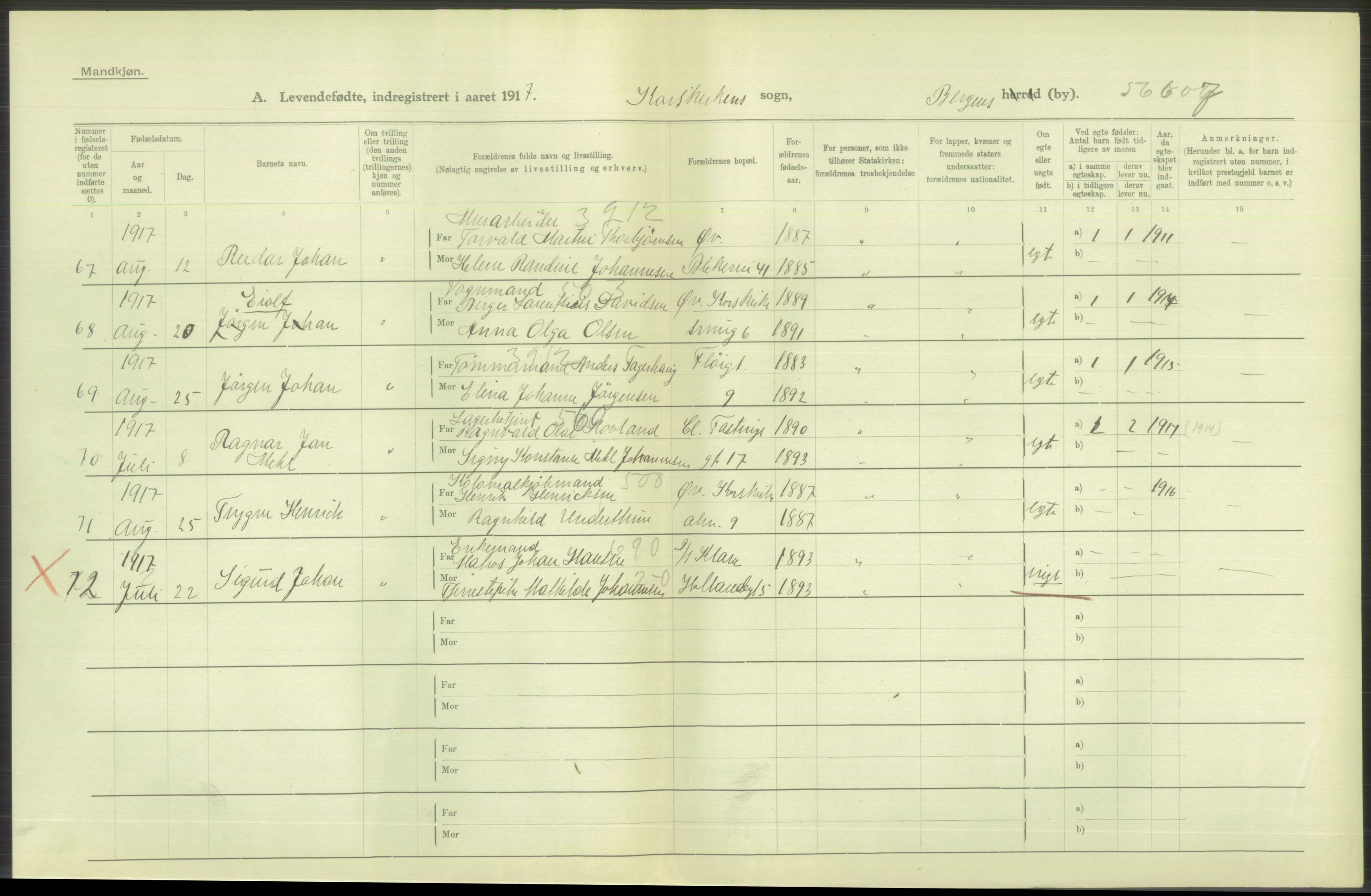 Statistisk sentralbyrå, Sosiodemografiske emner, Befolkning, RA/S-2228/D/Df/Dfb/Dfbg/L0037: Bergen: Levendefødte menn og kvinner., 1917, s. 352