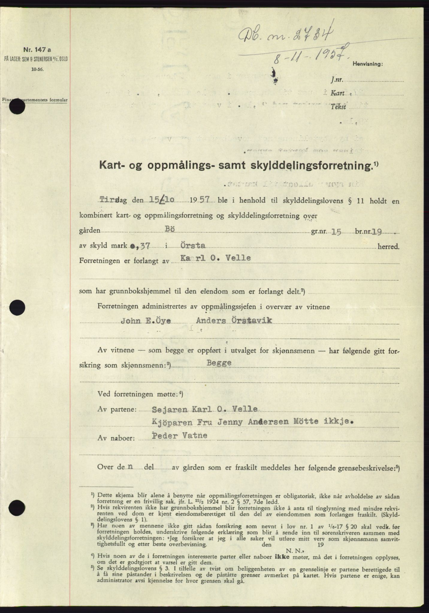 Søre Sunnmøre sorenskriveri, SAT/A-4122/1/2/2C/L0108: Pantebok nr. 34A, 1957-1958, Dagboknr: 2734/1957