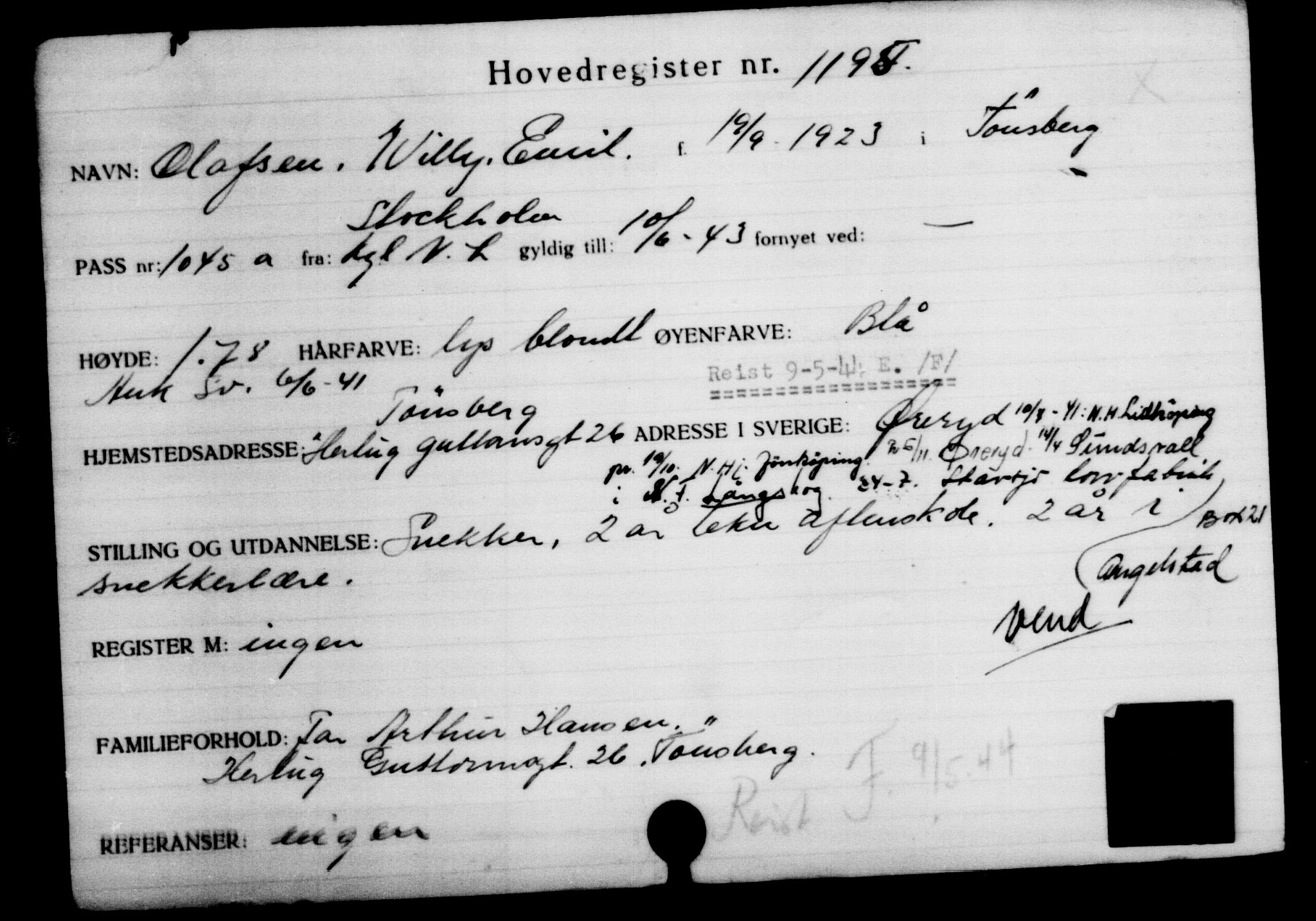 Utenriksstasjonene, Legasjonen i Stockholm, Flyktningkontoret, AV/RA-S-6753/V/Va/L0002: Kjesäterkartoteket, flyktninger med registreringsnr. 1001-2000, 1940-1945, s. 295
