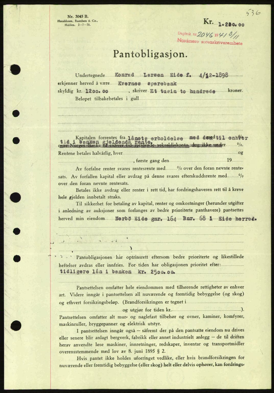 Nordmøre sorenskriveri, SAT/A-4132/1/2/2Ca: Pantebok nr. B88, 1941-1942, Dagboknr: 2046/1941