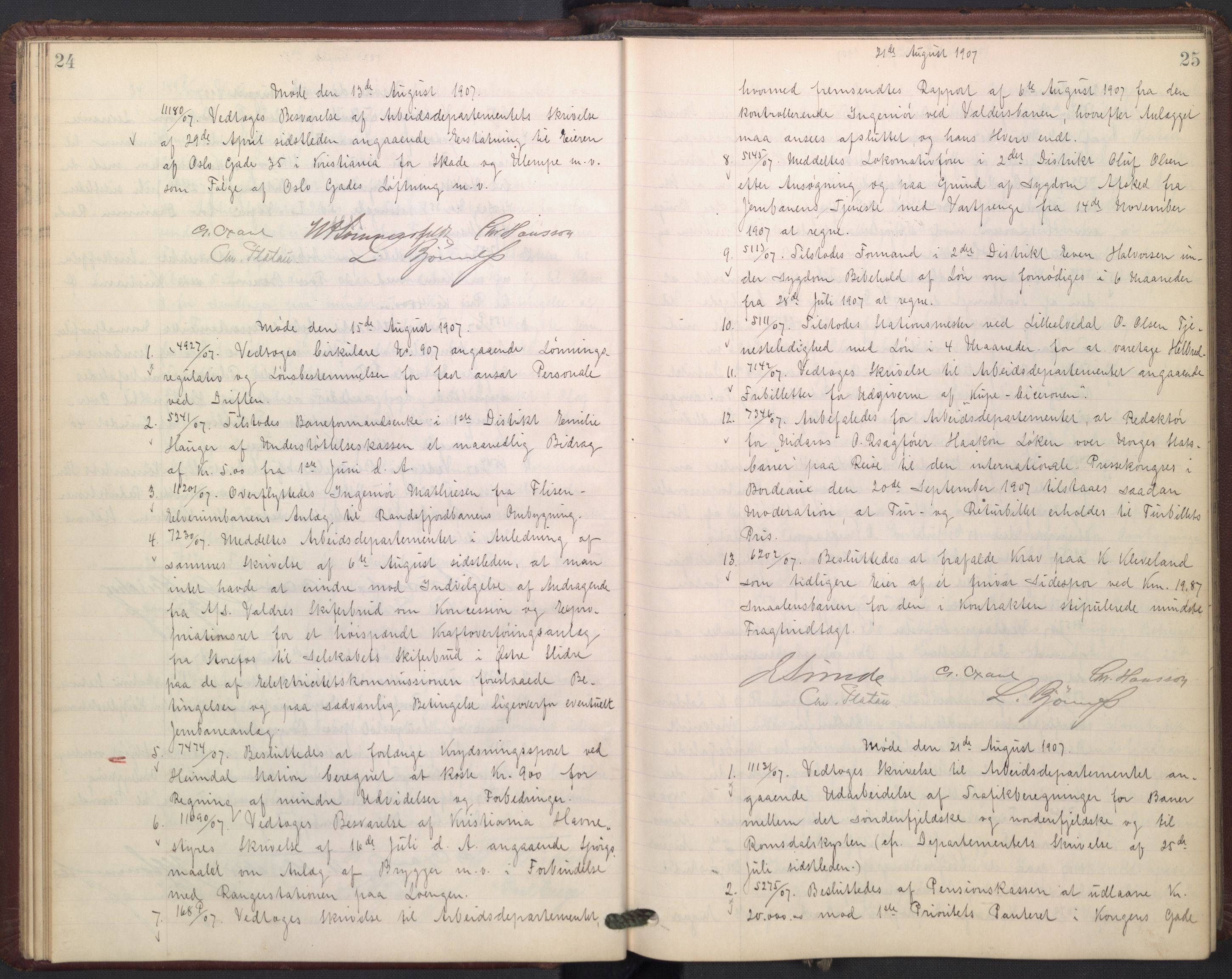 Norges statsbaner, Administrasjons- økonomi- og personalavdelingen, AV/RA-S-3412/A/Aa/L0009: Forhandlingsprotokoll, 1907-1909, s. 24-25