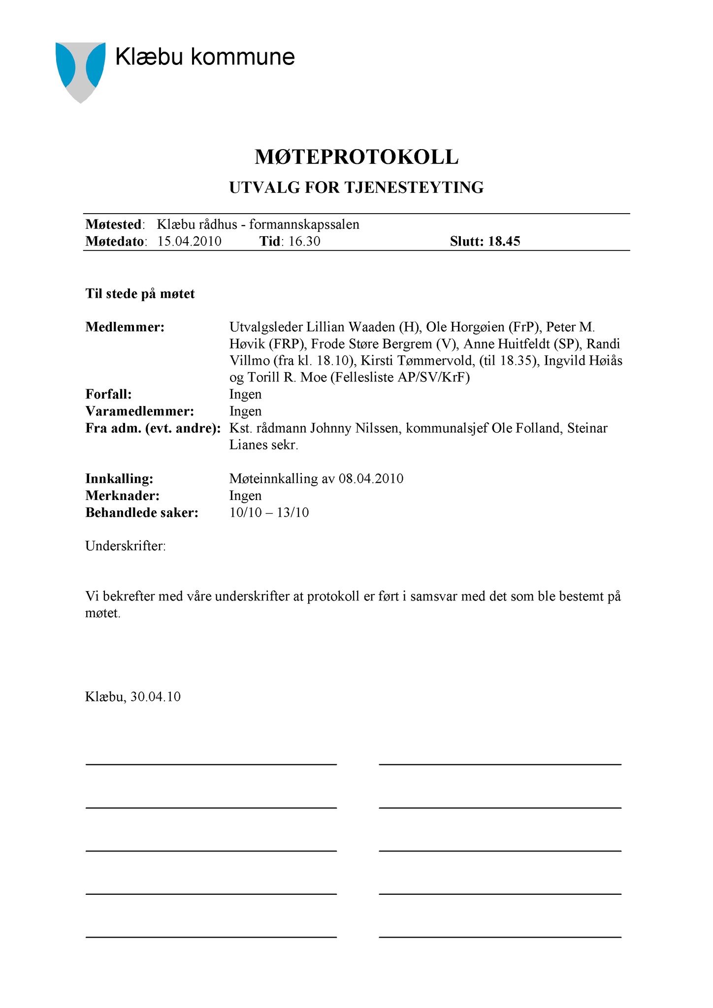 Klæbu Kommune, TRKO/KK/14-UTY/L003: Utvalg for tjenesteyting - Møtedokumenter, 2010, s. 40