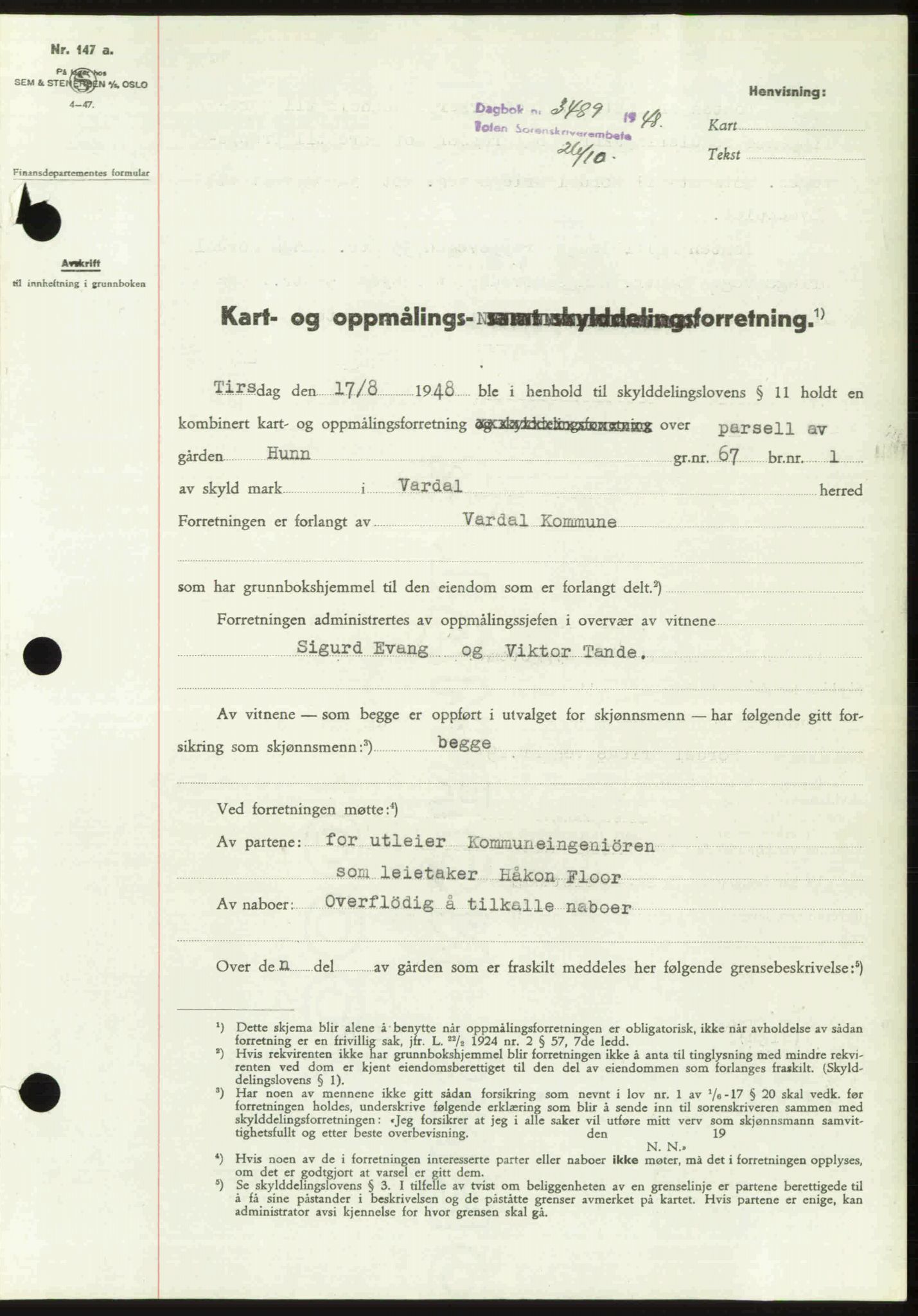 Toten tingrett, SAH/TING-006/H/Hb/Hbc/L0020: Pantebok nr. Hbc-20, 1948-1948, Dagboknr: 3489/1948