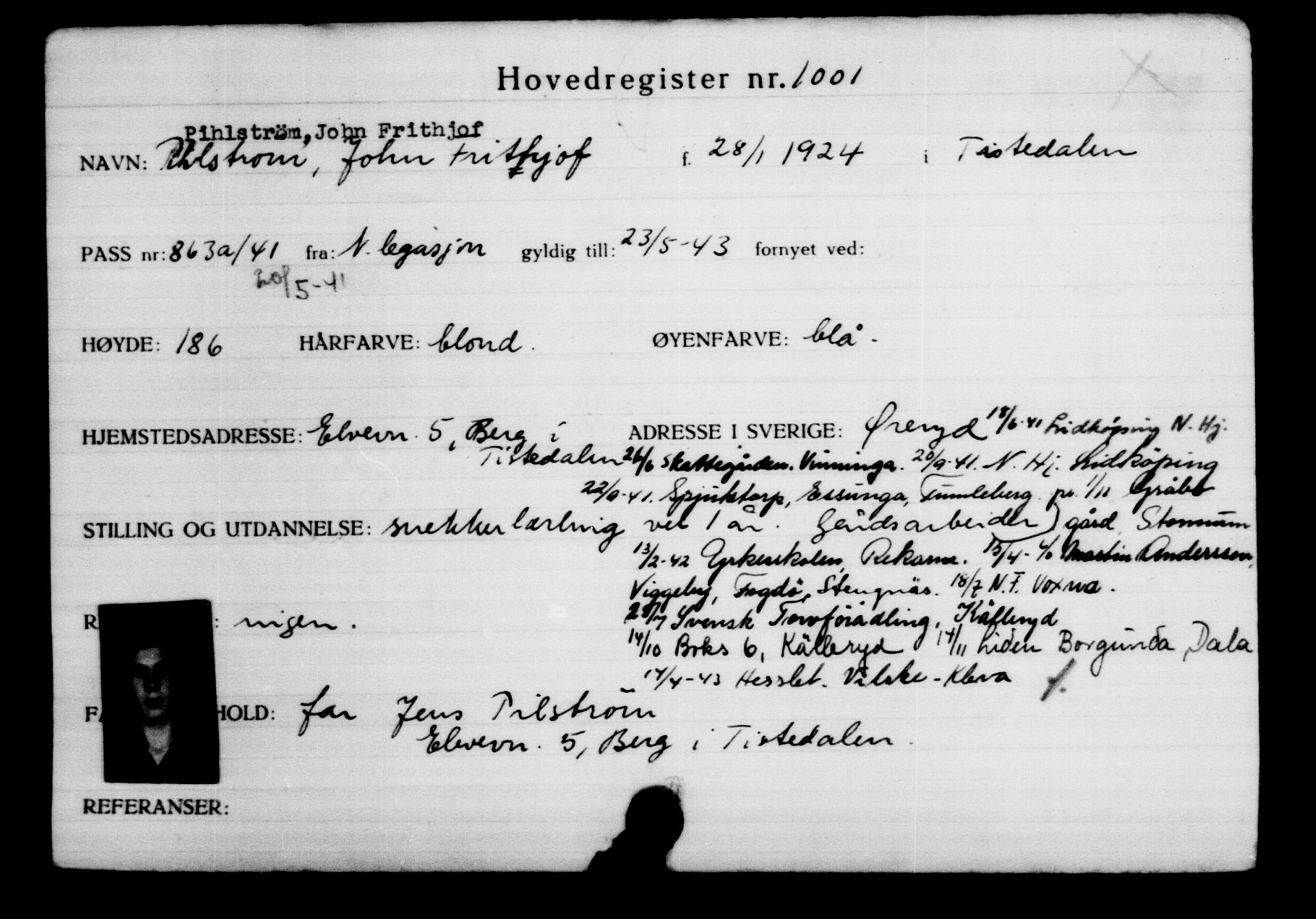 Utenriksstasjonene, Legasjonen i Stockholm, Flyktningkontoret, AV/RA-S-6753/V/Va/L0002: Kjesäterkartoteket, flyktninger med registreringsnr. 1001-2000, 1940-1945, s. 1