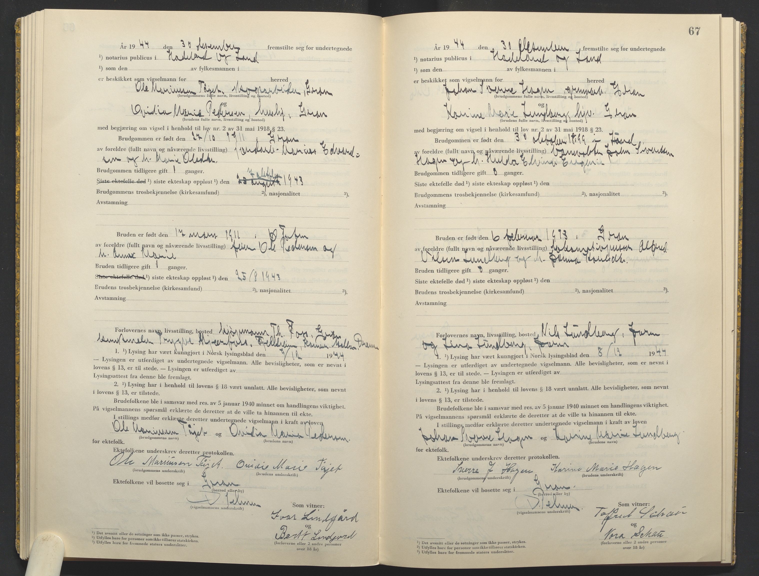 Hadeland og Land tingrett, AV/SAH-TING-010/L/Lb/L0003: Vigselbok, 1944-1946, s. 67