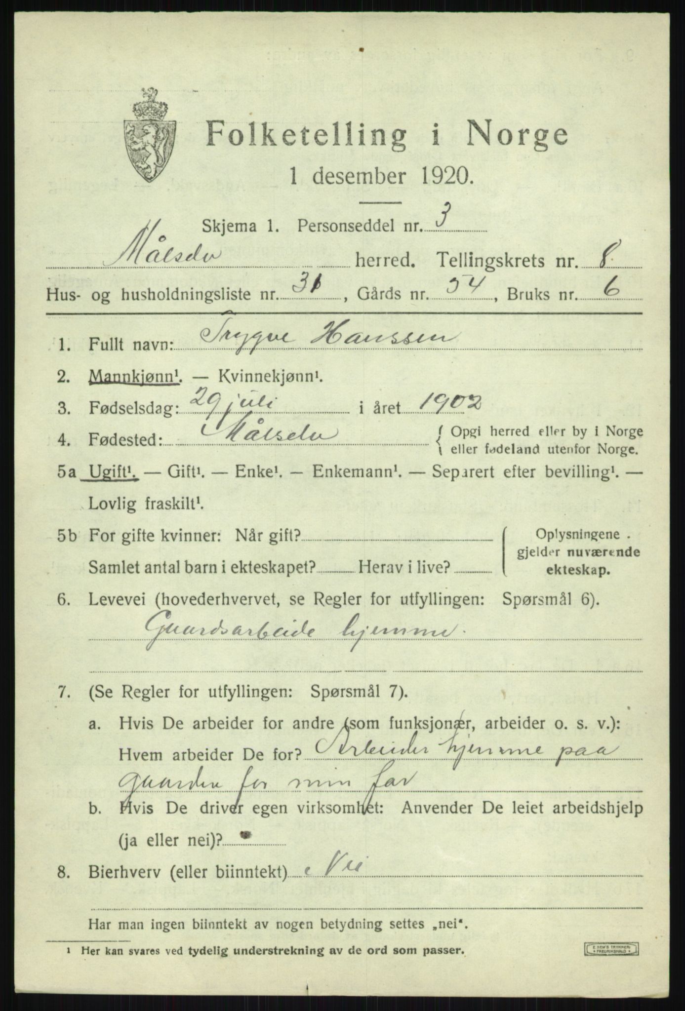 SATØ, Folketelling 1920 for 1924 Målselv herred, 1920, s. 5253