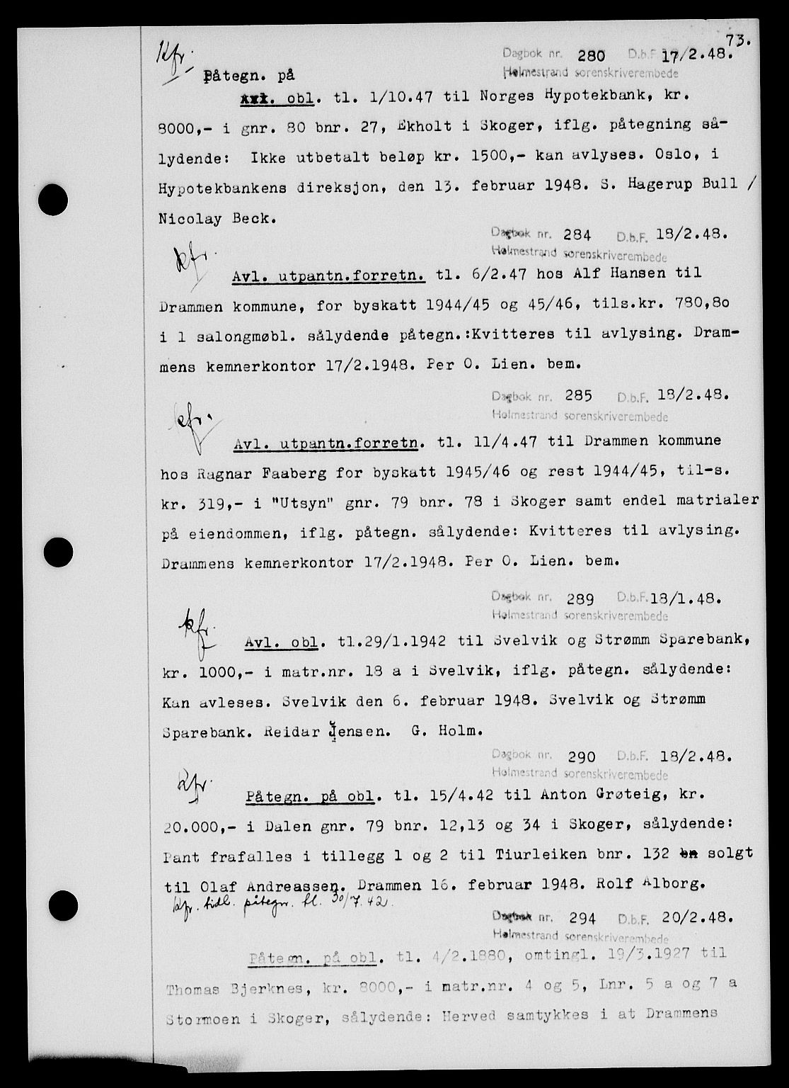 Holmestrand sorenskriveri, SAKO/A-67/G/Ga/Gab/L0058: Pantebok nr. B-58, 1947-1948, s. 73, Dagboknr: 280/1948