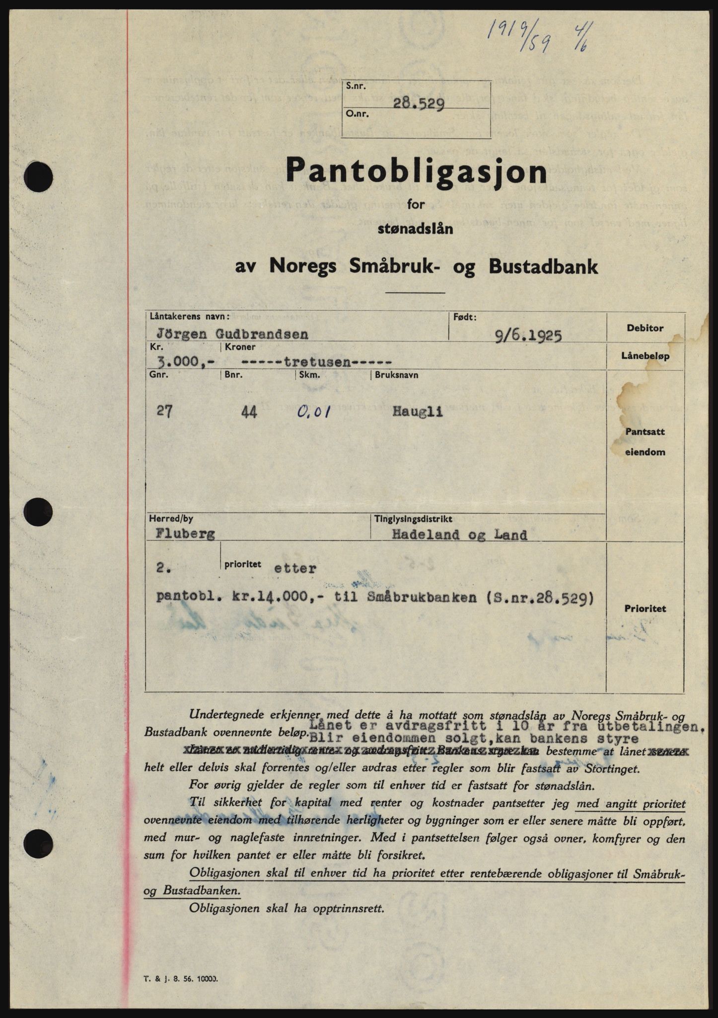 Hadeland og Land tingrett, SAH/TING-010/H/Hb/Hbc/L0040: Pantebok nr. B40, 1959-1959, Dagboknr: 1919/1959