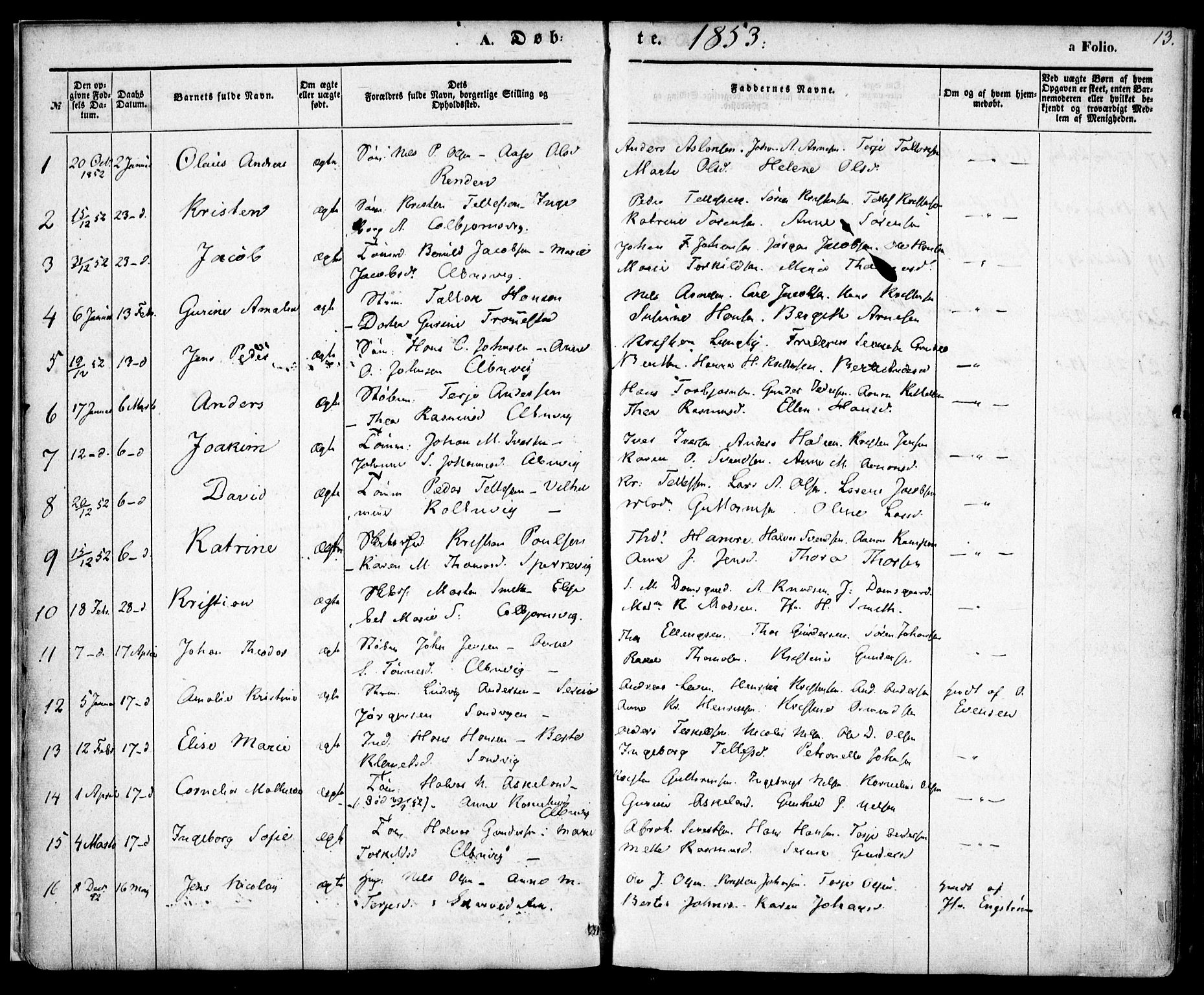 Hisøy sokneprestkontor, AV/SAK-1111-0020/F/Fa/L0001: Ministerialbok nr. A 1, 1849-1871, s. 13