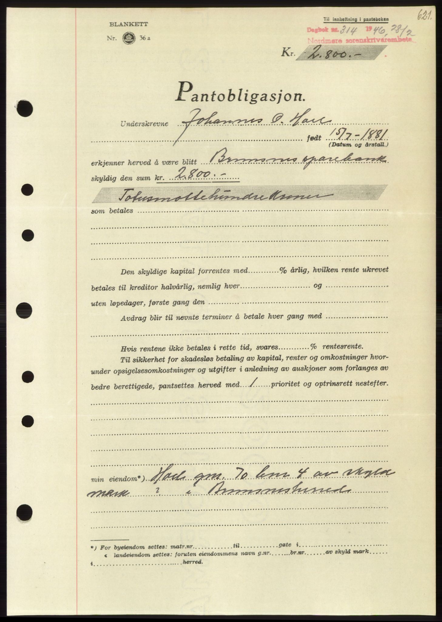 Nordmøre sorenskriveri, AV/SAT-A-4132/1/2/2Ca: Pantebok nr. B93b, 1946-1946, Dagboknr: 314/1946