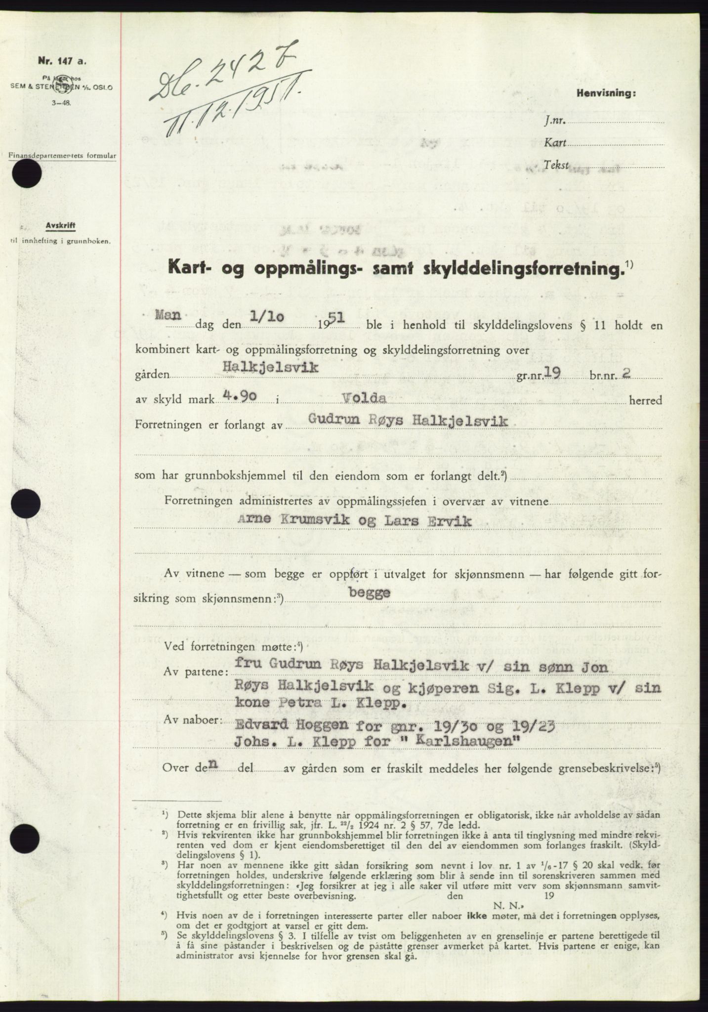 Søre Sunnmøre sorenskriveri, AV/SAT-A-4122/1/2/2C/L0090: Pantebok nr. 16A, 1951-1951, Dagboknr: 2427/1951