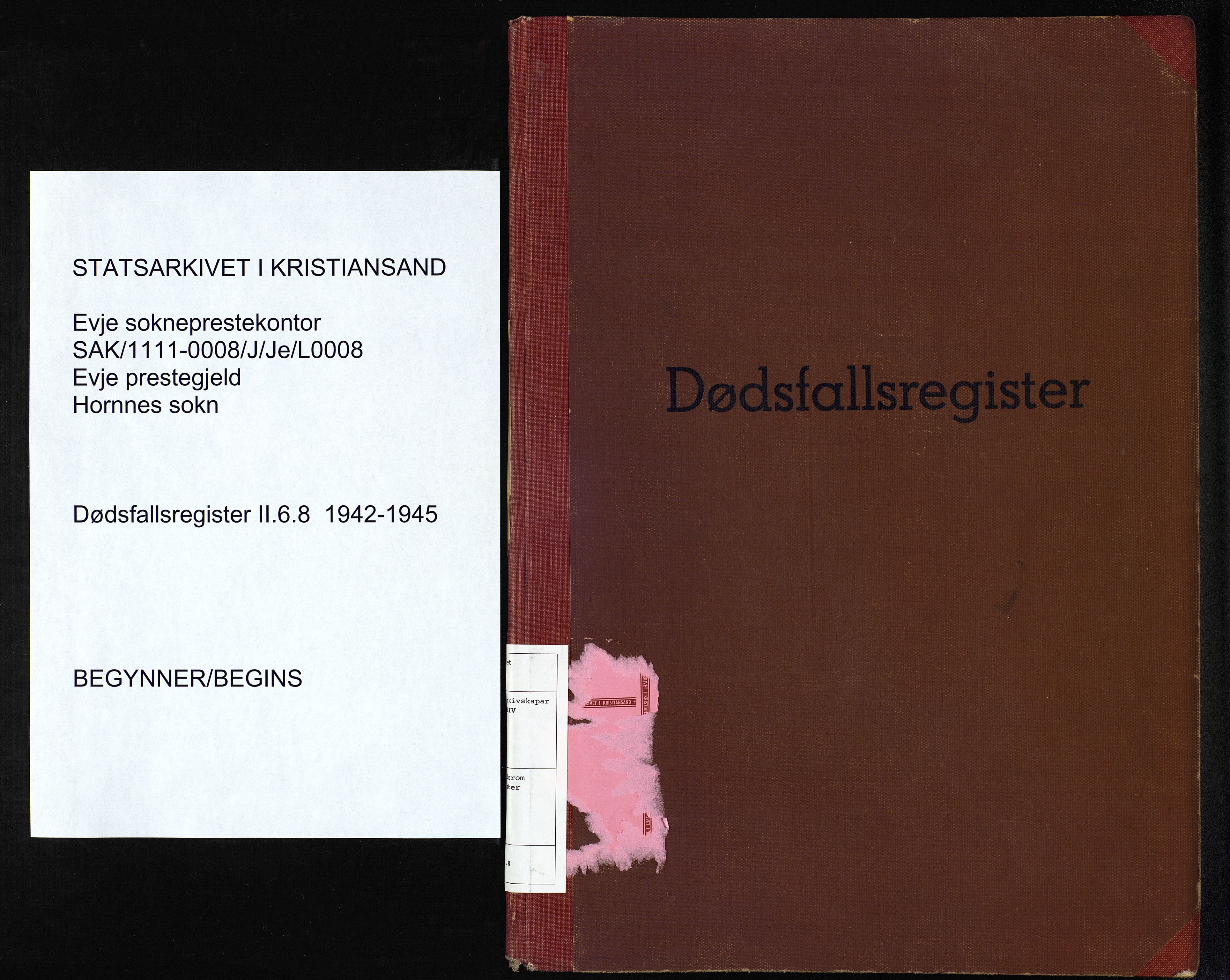 Evje sokneprestkontor, SAK/1111-0008/J/Je/L0008: II.6.8 - Dødsfallsregister Hornnes, 1942-1945