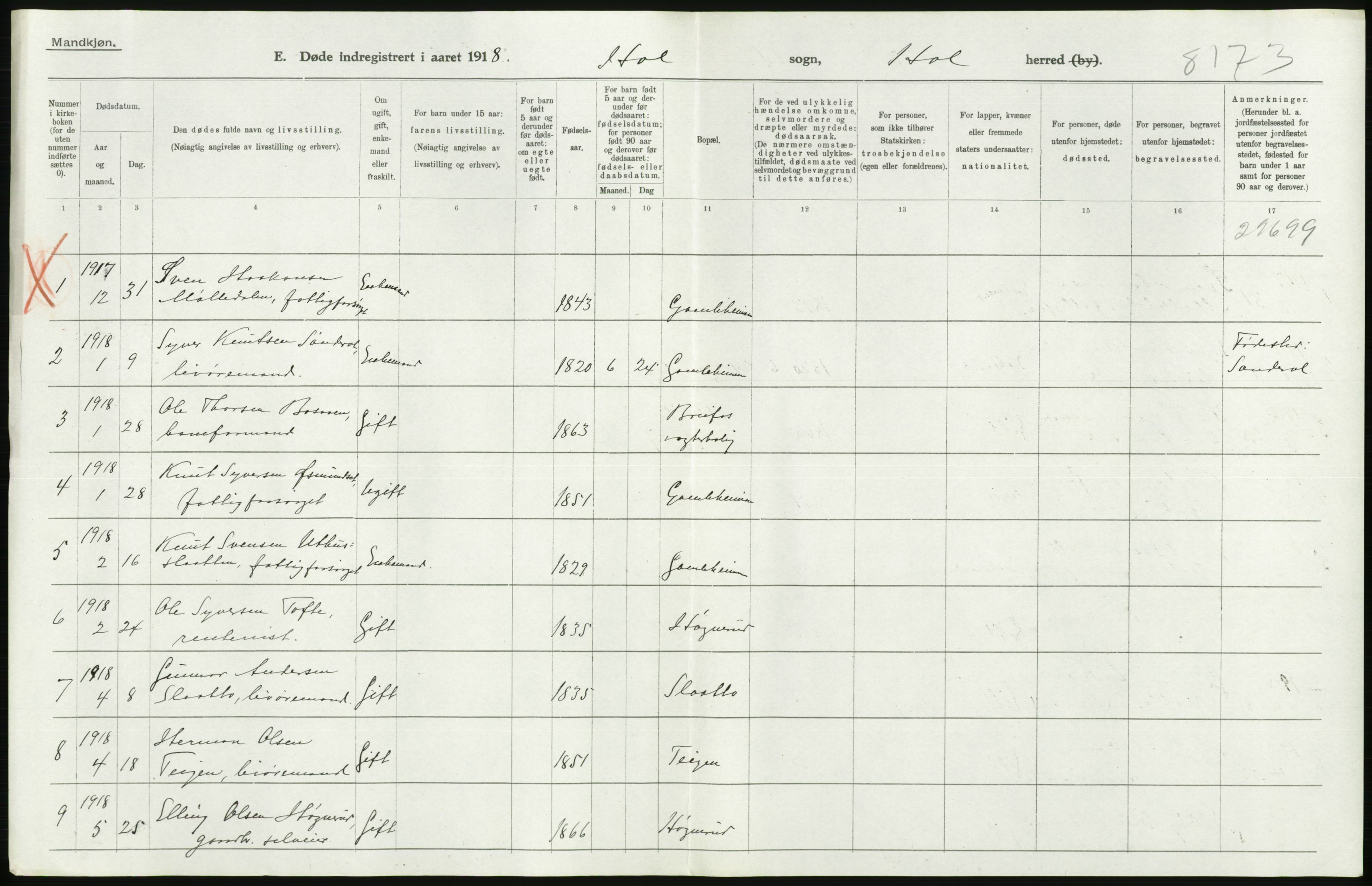 Statistisk sentralbyrå, Sosiodemografiske emner, Befolkning, RA/S-2228/D/Df/Dfb/Dfbh/L0020: Buskerud fylke: Døde. Bygder og byer., 1918, s. 210