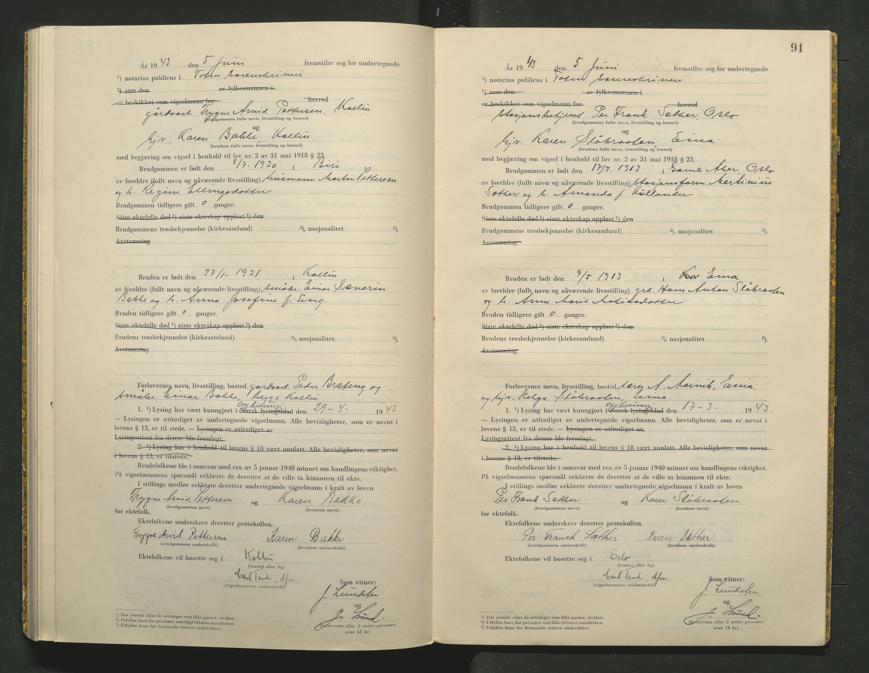 Toten tingrett, AV/SAH-TING-006/L/Lc/L0002: Vigselbok, 1942-1943, s. 91