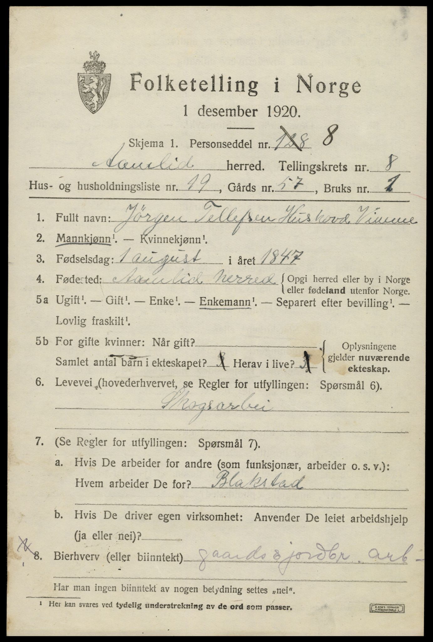 SAK, Folketelling 1920 for 0929 Åmli herred, 1920, s. 3441