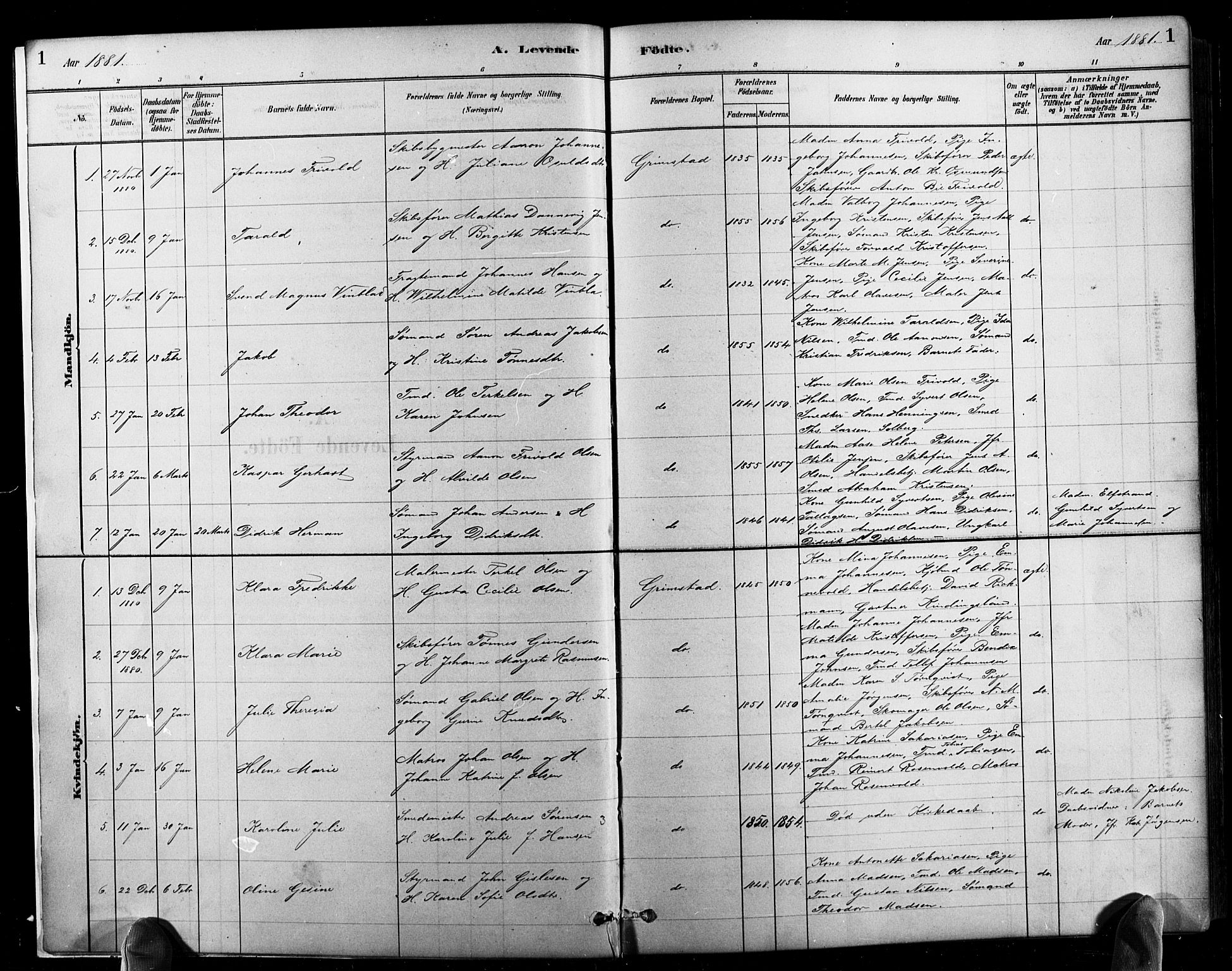 Grimstad sokneprestkontor, AV/SAK-1111-0017/F/Fb/L0001: Klokkerbok nr. B 1, 1881-1922, s. 1