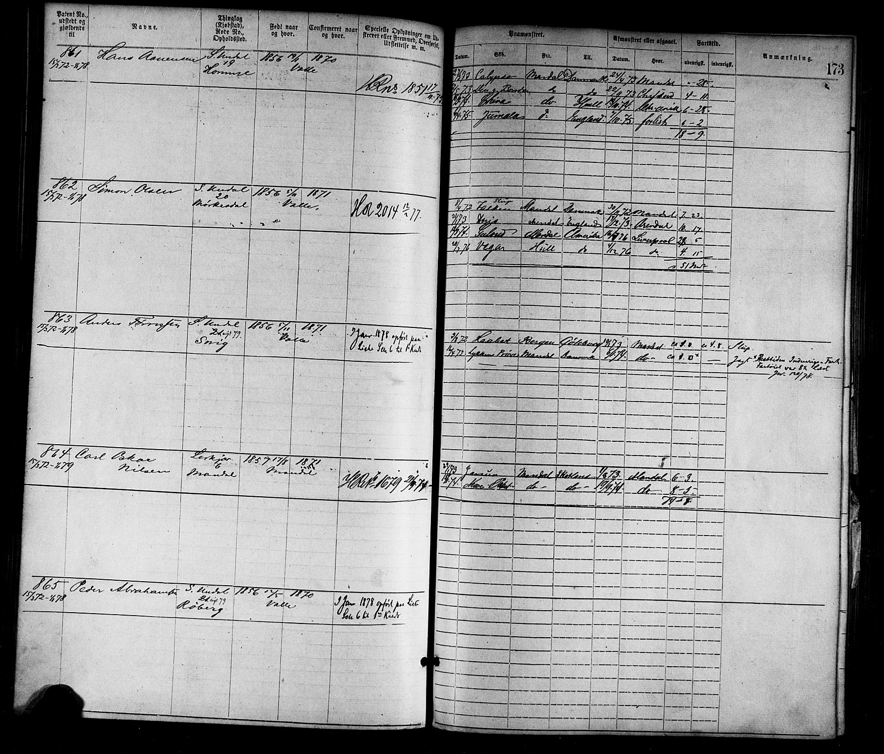 Mandal mønstringskrets, SAK/2031-0016/F/Fa/L0001: Annotasjonsrulle nr 1-1920 med register, L-3, 1869-1881, s. 206