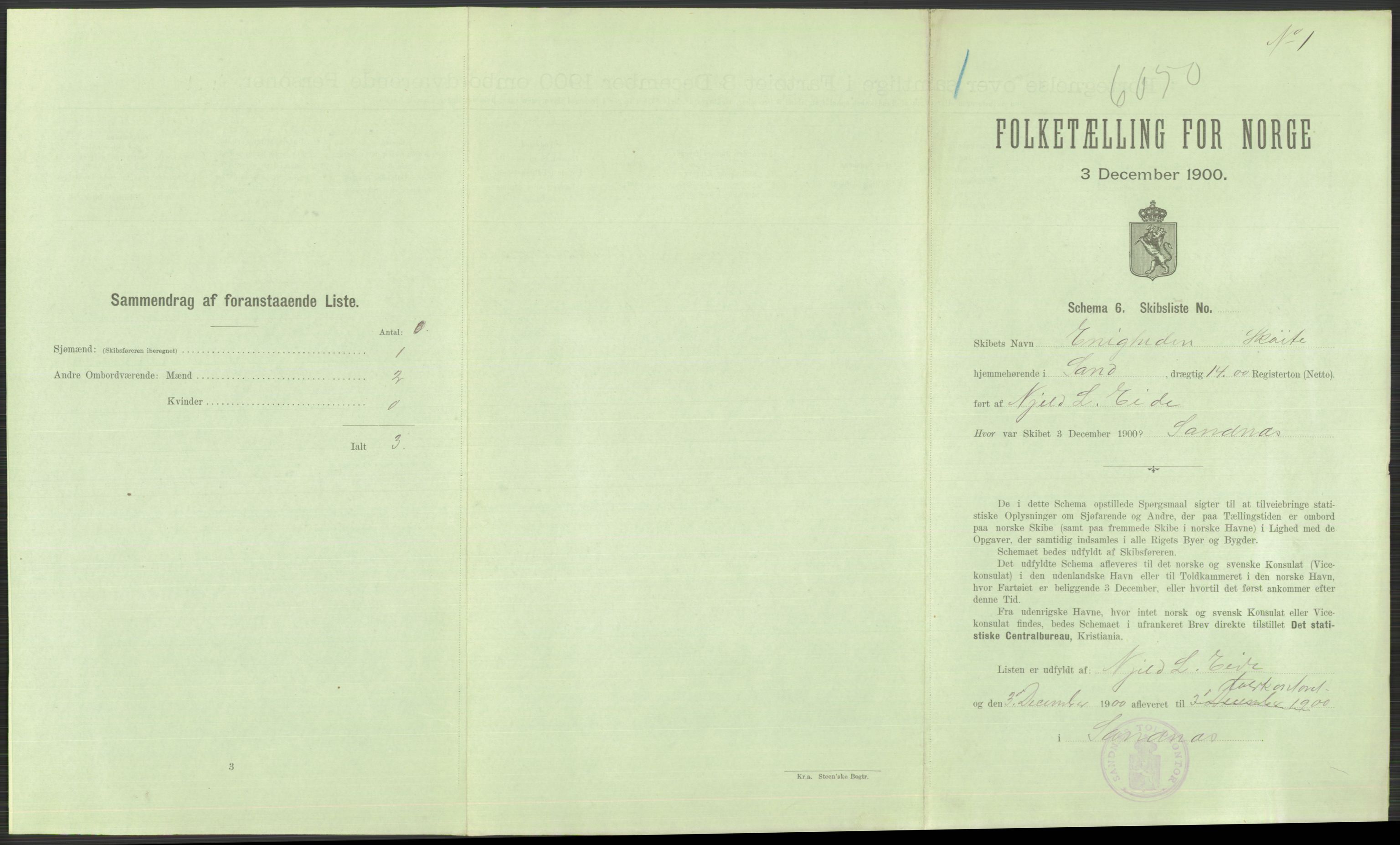 RA, Folketelling 1900 - skipslister med personlister for skip i norske havner, utenlandske havner og til havs, 1900, s. 879