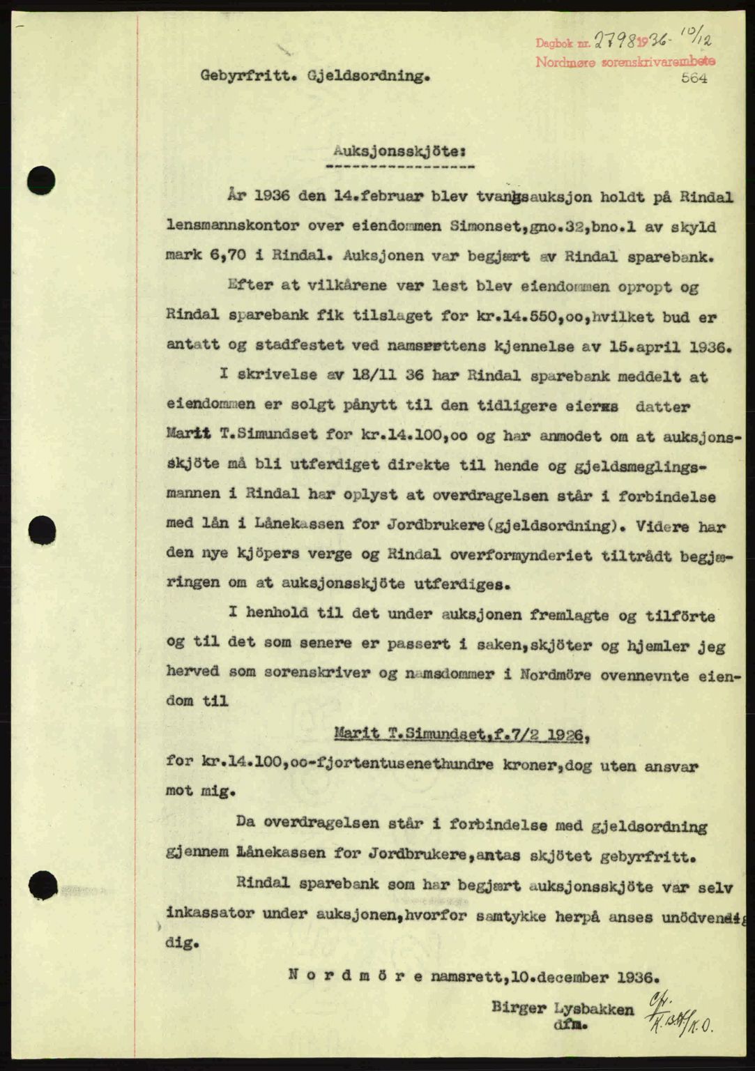 Nordmøre sorenskriveri, SAT/A-4132/1/2/2Ca: Pantebok nr. A80, 1936-1937, Dagboknr: 2798/1936