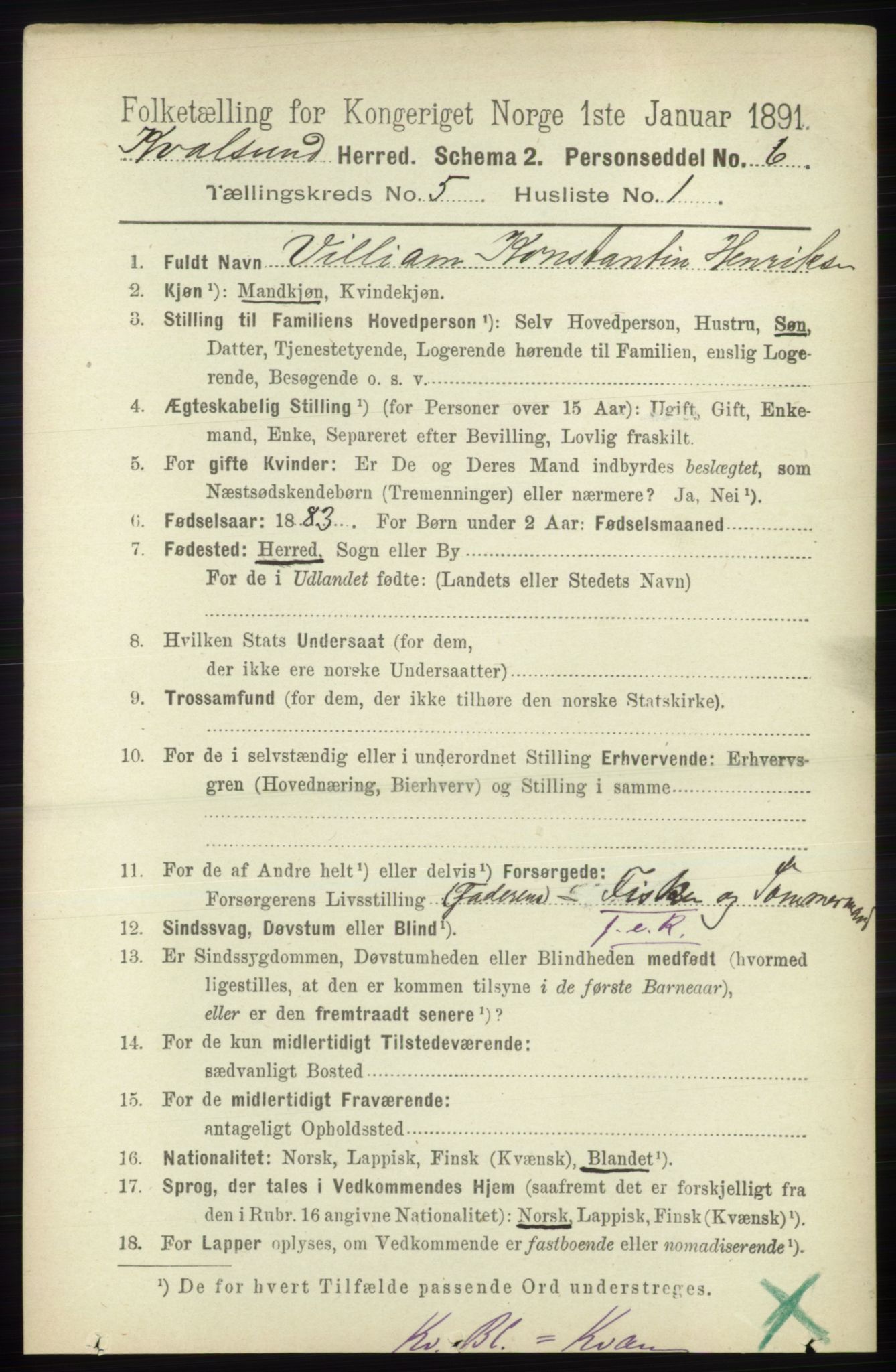 RA, Folketelling 1891 for 2017 Kvalsund herred, 1891, s. 520