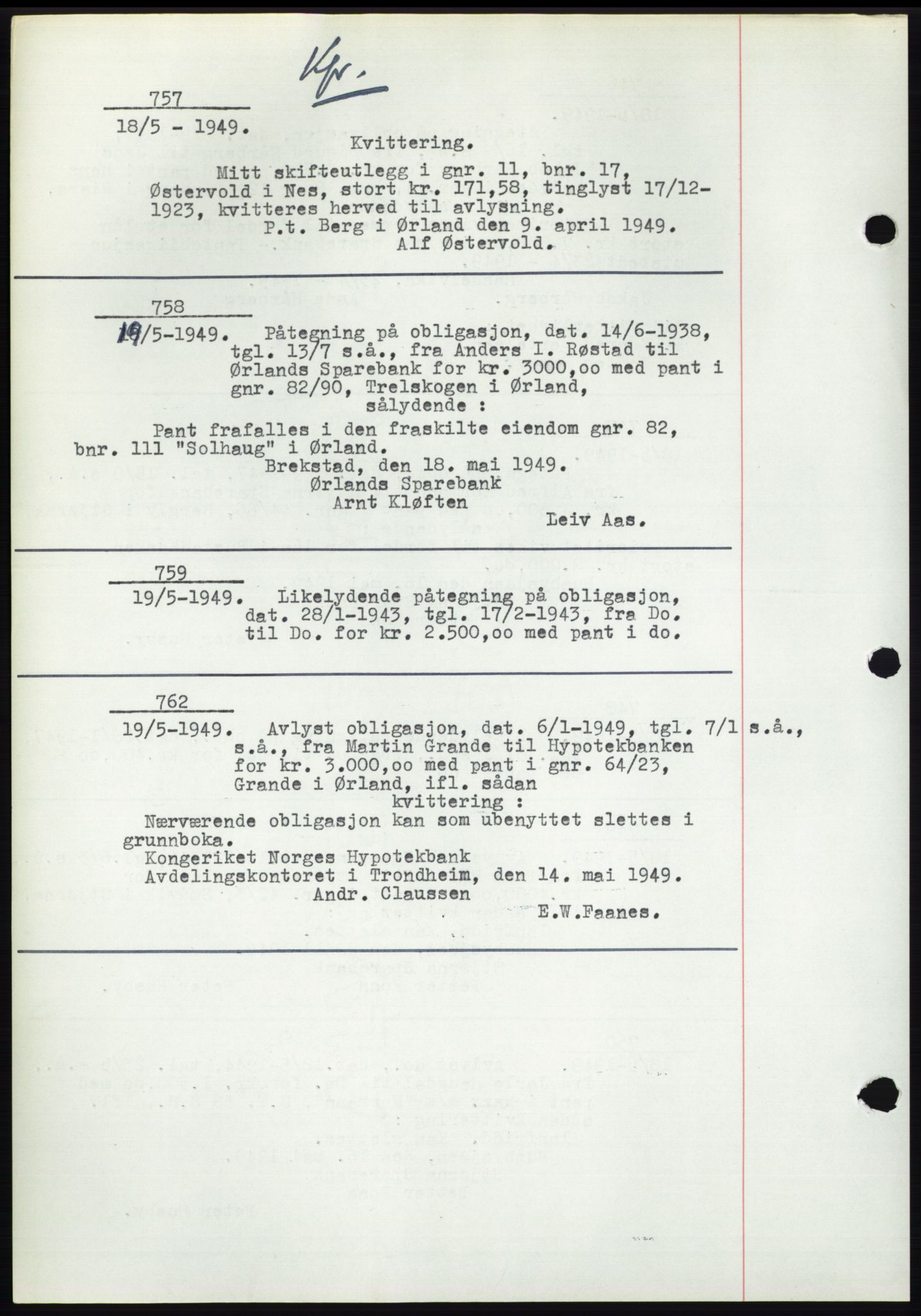 Fosen sorenskriveri, AV/SAT-A-1107/1/2/2C: Pantebok nr. B3, 1948-1950, Dagboknr: 757/1949