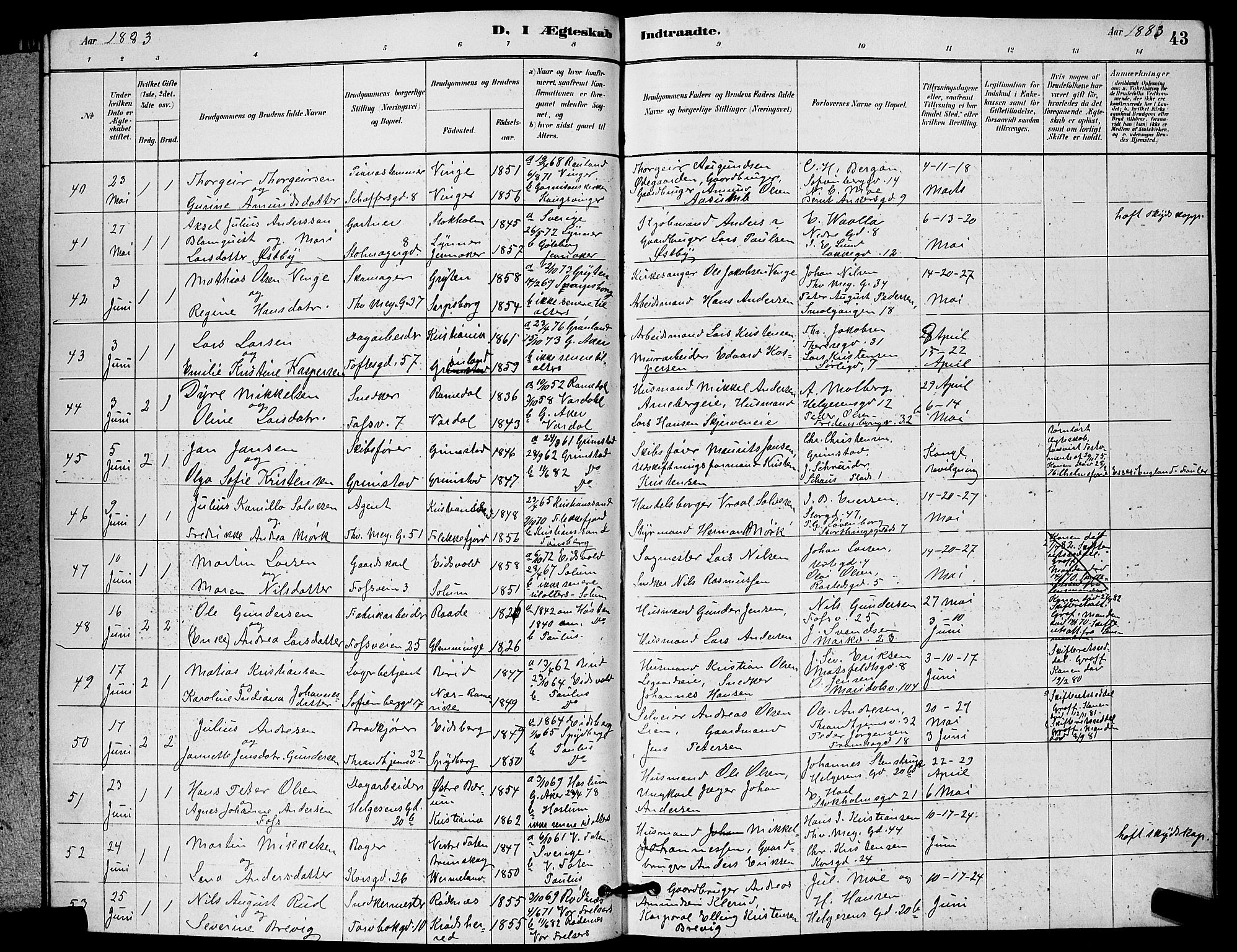Paulus prestekontor Kirkebøker, AV/SAO-A-10871/G/Ga/L0005: Klokkerbok nr. 5, 1879-1893, s. 43