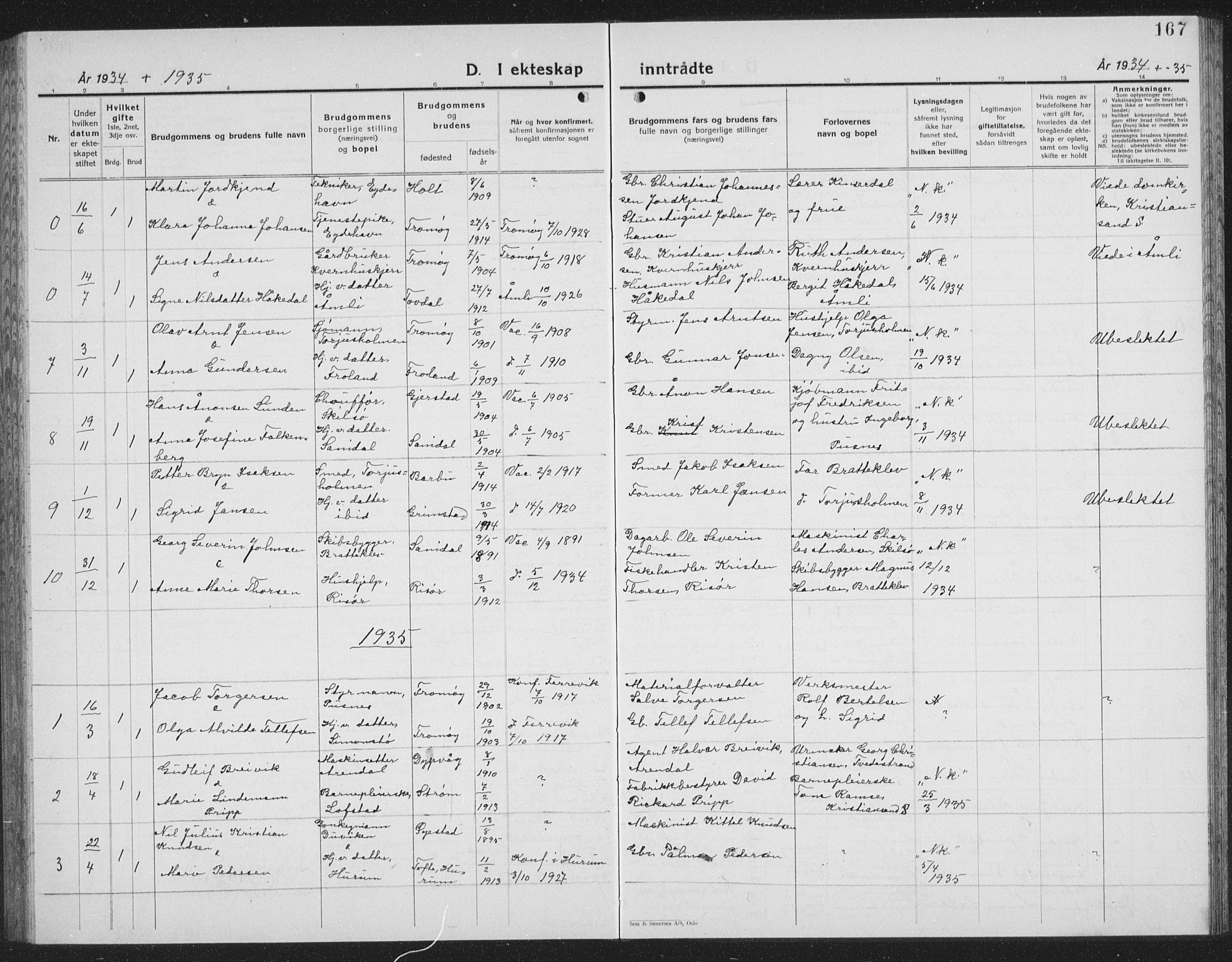 Tromøy sokneprestkontor, SAK/1111-0041/F/Fb/L0008: Klokkerbok nr. B 8, 1925-1938, s. 167