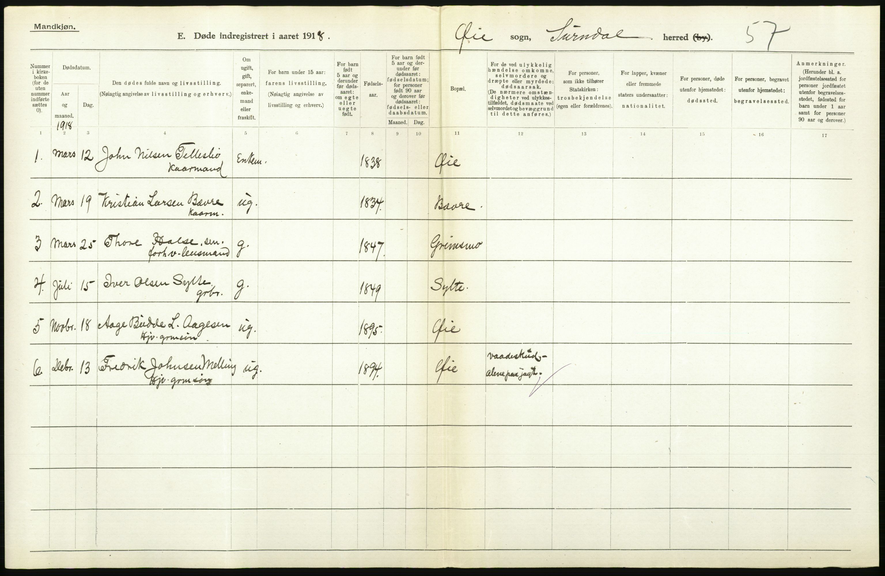 Statistisk sentralbyrå, Sosiodemografiske emner, Befolkning, AV/RA-S-2228/D/Df/Dfb/Dfbh/L0045: Møre fylke: Døde. Bygder og byer., 1918, s. 526