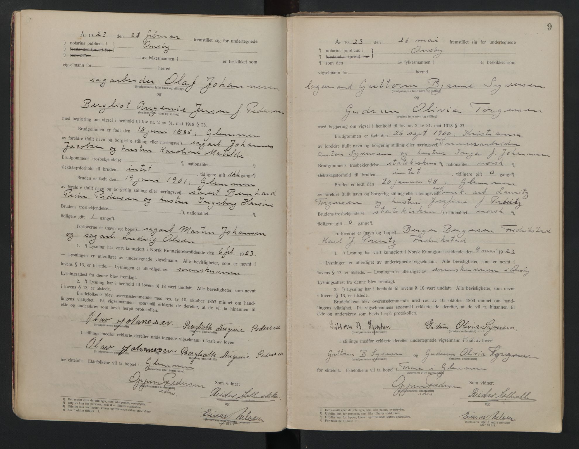 Onsøy sorenskriveri, AV/SAO-A-10474/L/La/L0001: Vigselsbok, 1920-1942, s. 9