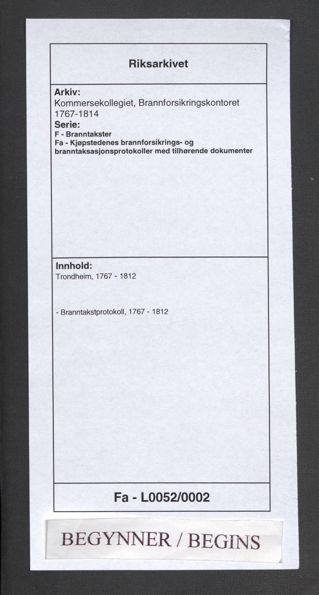 Kommersekollegiet, Brannforsikringskontoret 1767-1814, RA/EA-5458/F/Fa/L0052/0002: Trondheim / Branntakstprotokoll, 1767-1812