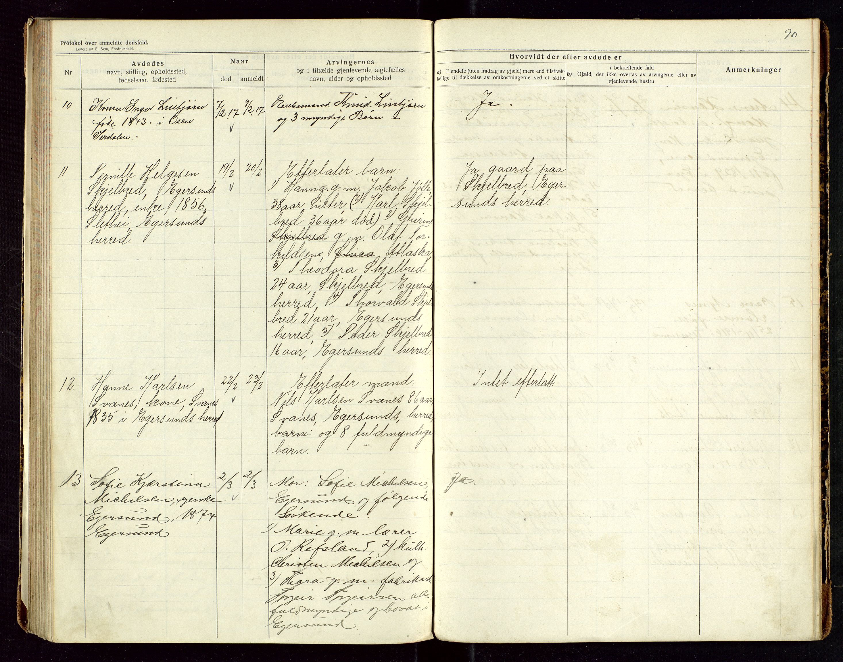 Eigersund lensmannskontor, SAST/A-100171/Gga/L0006: "Protokol over anmeldte dødsfald" m/alfabetisk navneregister, 1914-1917, s. 90