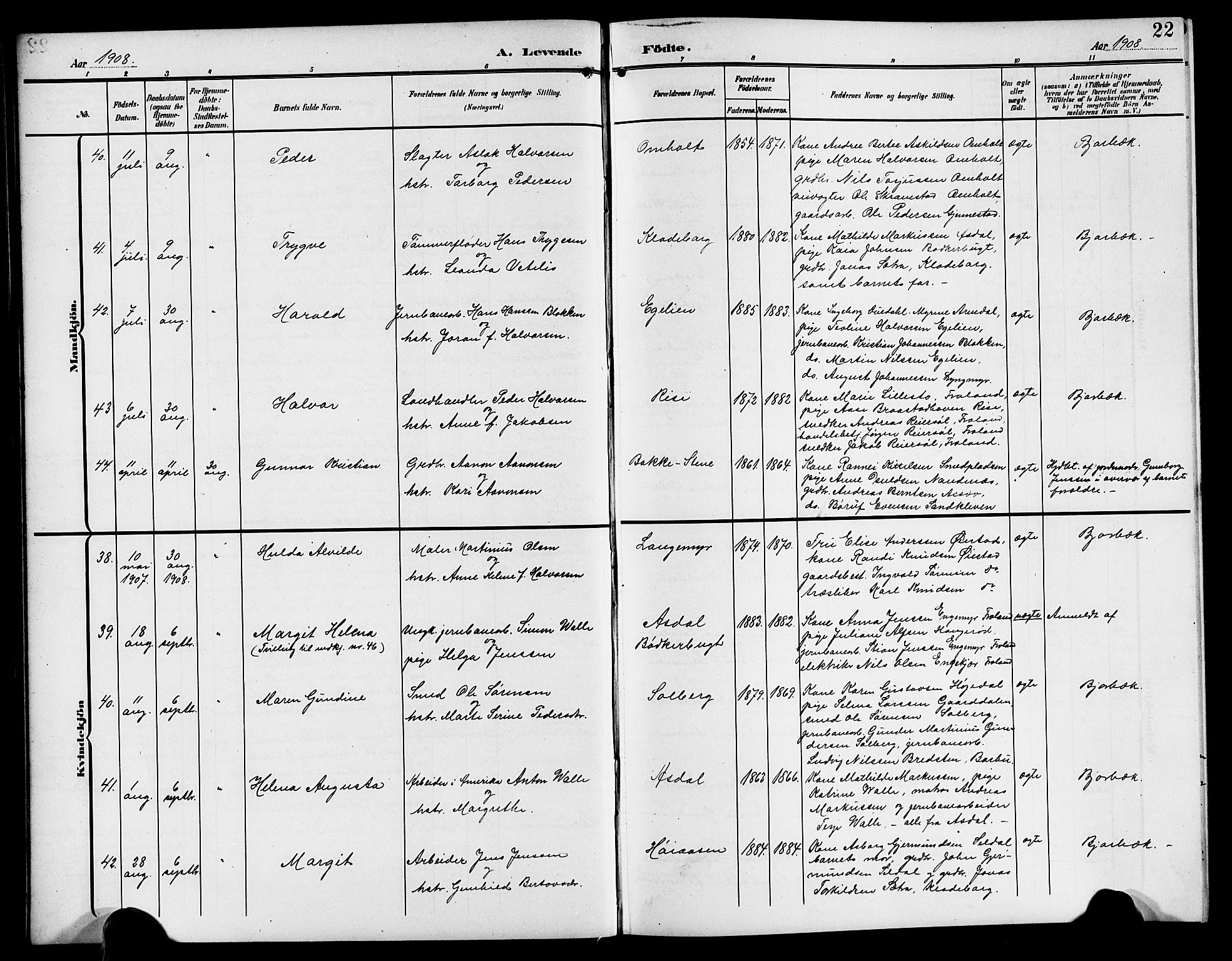 Øyestad sokneprestkontor, AV/SAK-1111-0049/F/Fb/L0011: Klokkerbok nr. B 11, 1906-1918, s. 22