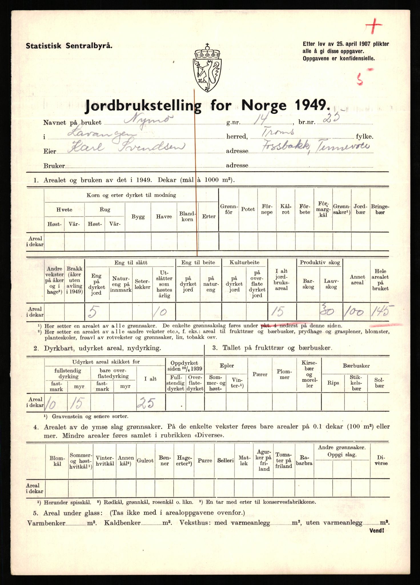 Statistisk sentralbyrå, Næringsøkonomiske emner, Jordbruk, skogbruk, jakt, fiske og fangst, AV/RA-S-2234/G/Gc/L0437: Troms: Gratangen og Lavangen, 1949, s. 154