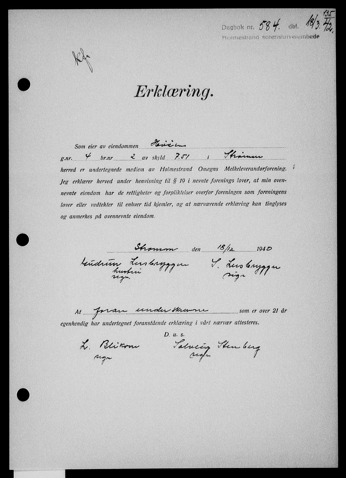 Holmestrand sorenskriveri, SAKO/A-67/G/Ga/Gaa/L0055: Pantebok nr. A-55, 1942-1942, Dagboknr: 584/1942