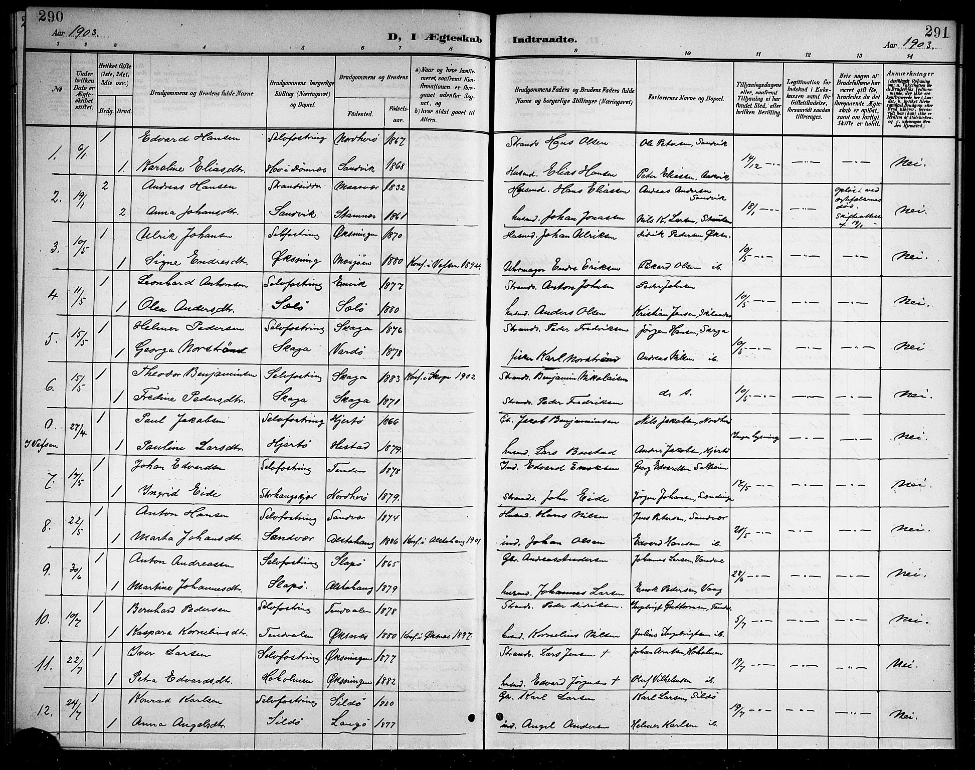 Ministerialprotokoller, klokkerbøker og fødselsregistre - Nordland, AV/SAT-A-1459/834/L0516: Klokkerbok nr. 834C06, 1902-1918, s. 290-291