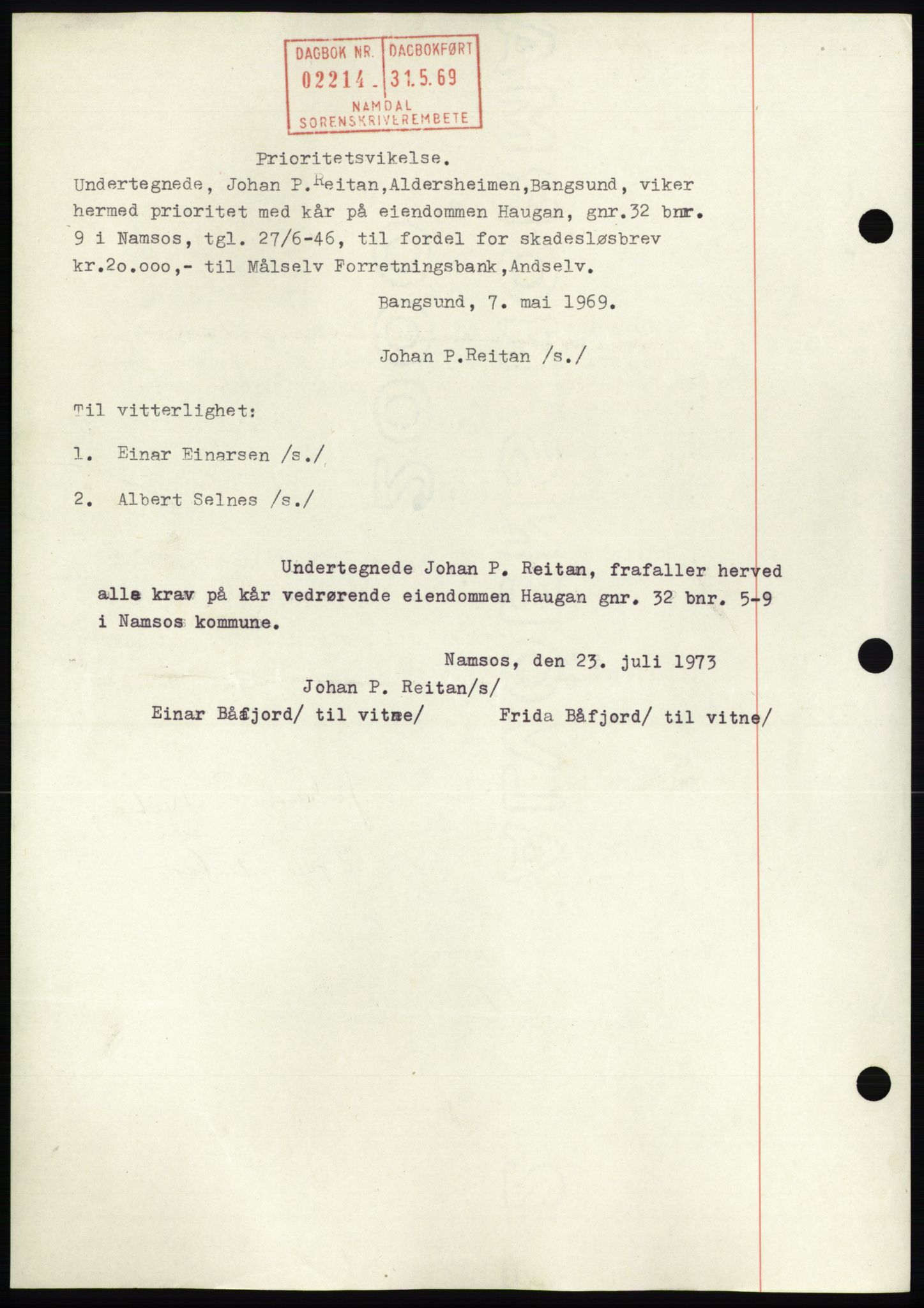 Namdal sorenskriveri, SAT/A-4133/1/2/2C: Pantebok nr. -, 1946-1946, Dagboknr: 2214/1946