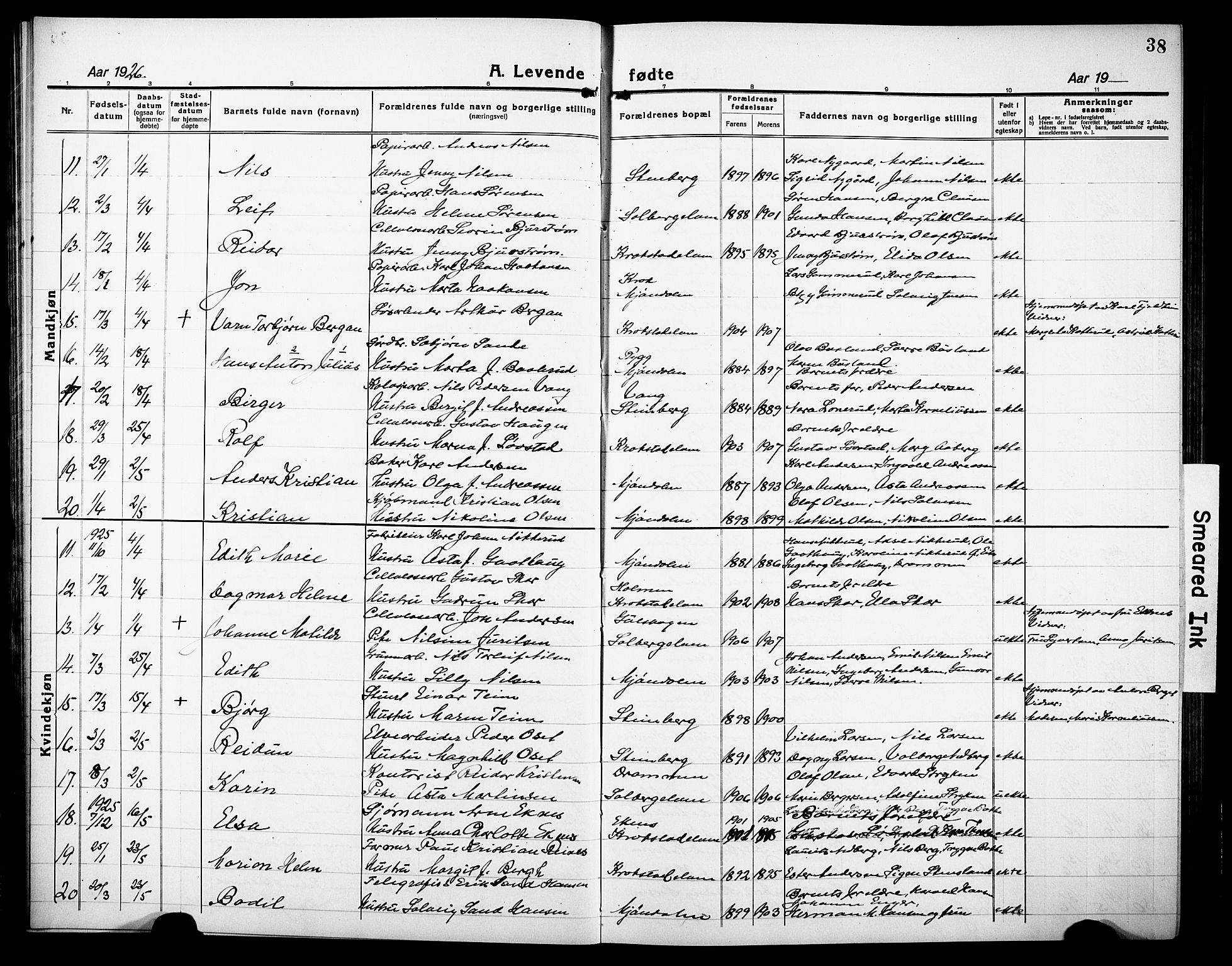 Nedre Eiker kirkebøker, AV/SAKO-A-612/G/Ga/L0006: Klokkerbok nr. 6, 1922-1933, s. 38