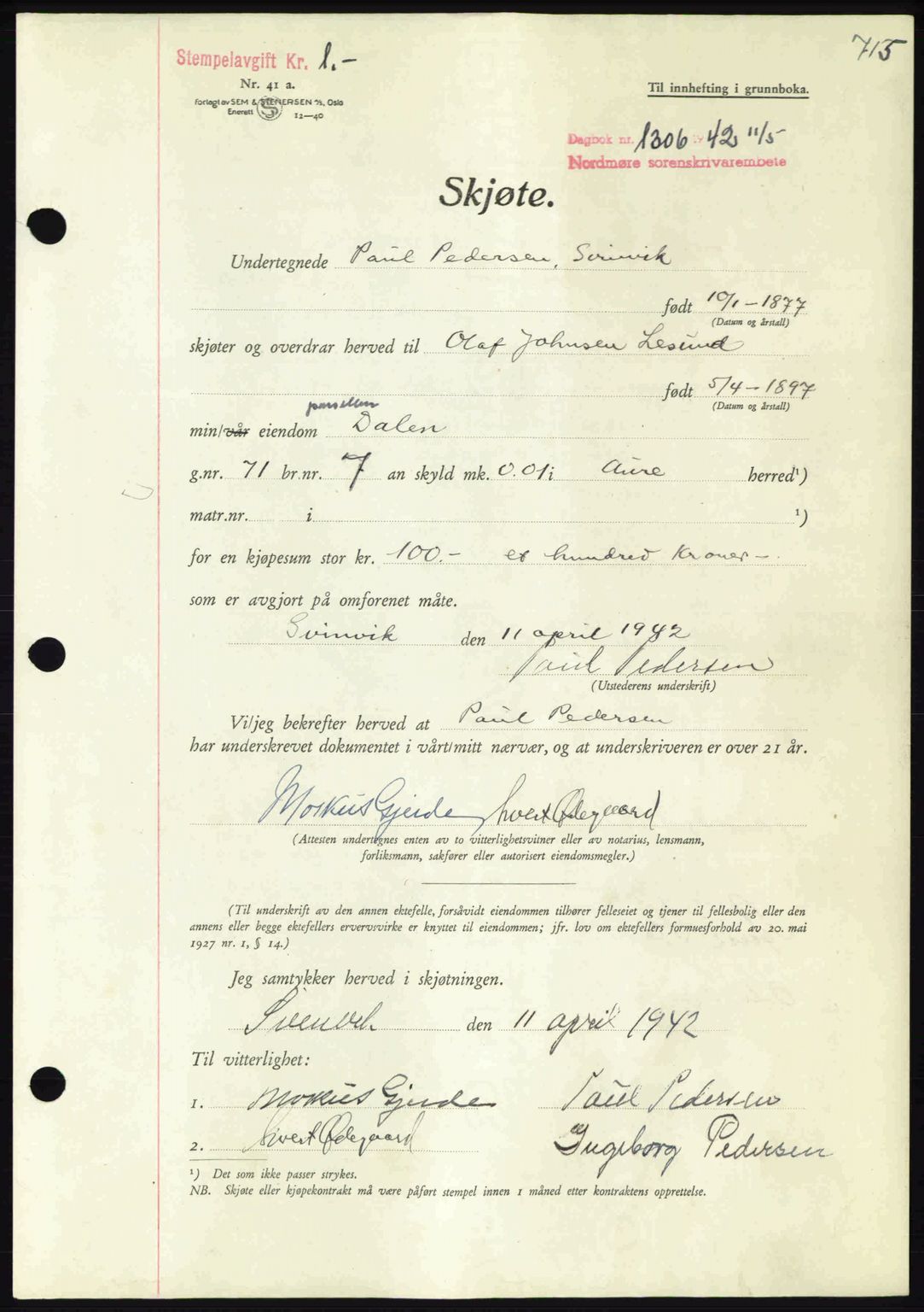 Nordmøre sorenskriveri, AV/SAT-A-4132/1/2/2Ca: Pantebok nr. A92, 1942-1942, Dagboknr: 1306/1942