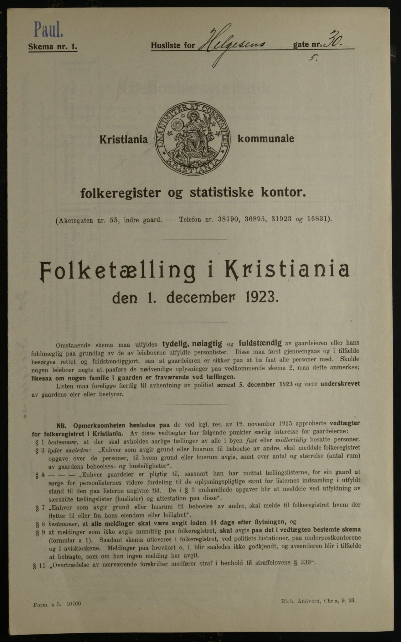 OBA, Kommunal folketelling 1.12.1923 for Kristiania, 1923, s. 42726