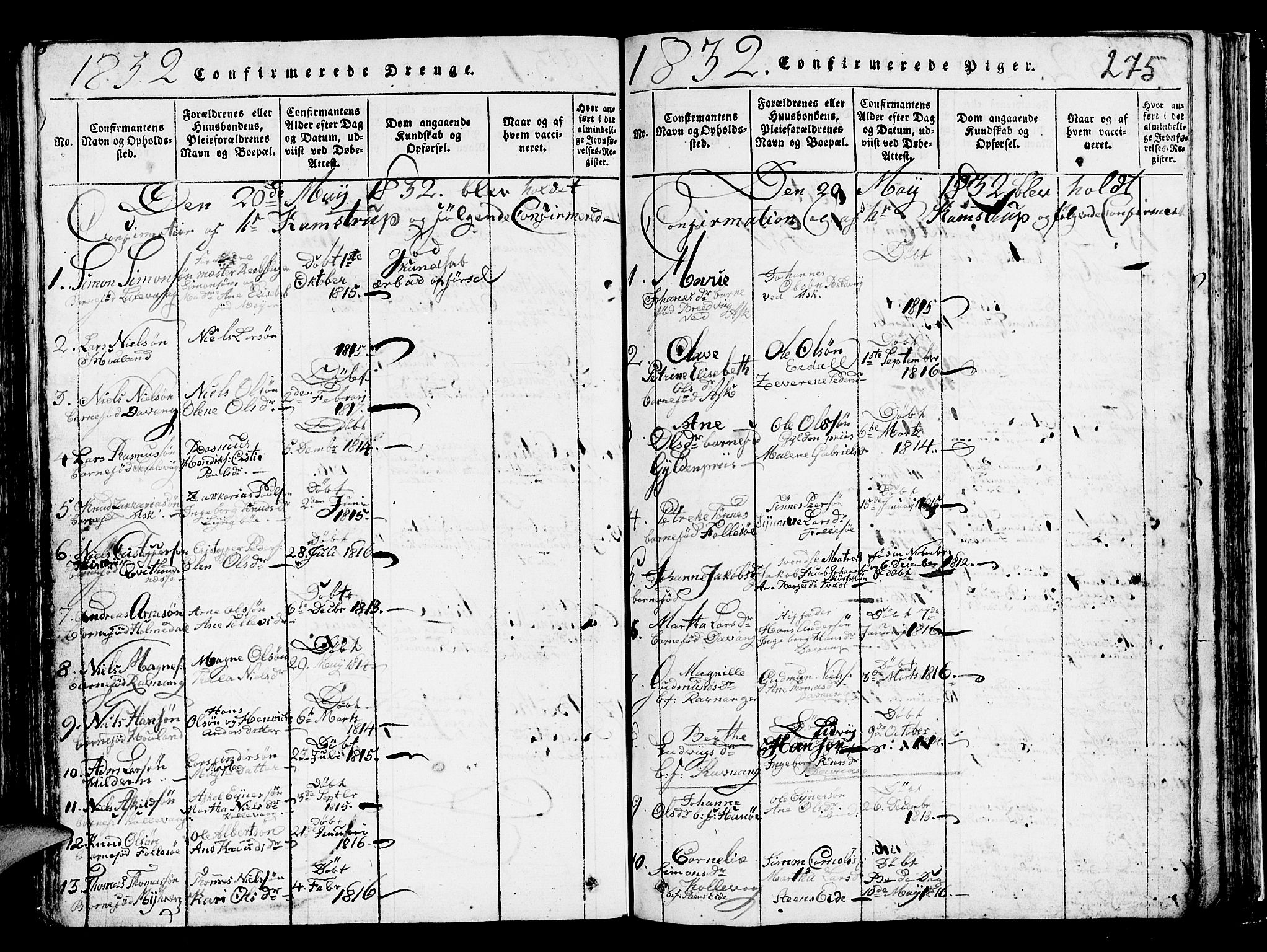 Askøy Sokneprestembete, SAB/A-74101/H/Ha/Hab/Haba/L0002: Klokkerbok nr. A 2, 1815-1846, s. 275