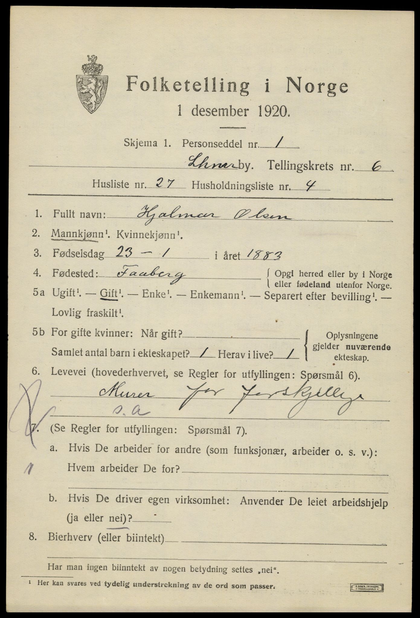 SAH, Folketelling 1920 for 0501 Lillehammer kjøpstad, 1920, s. 8676