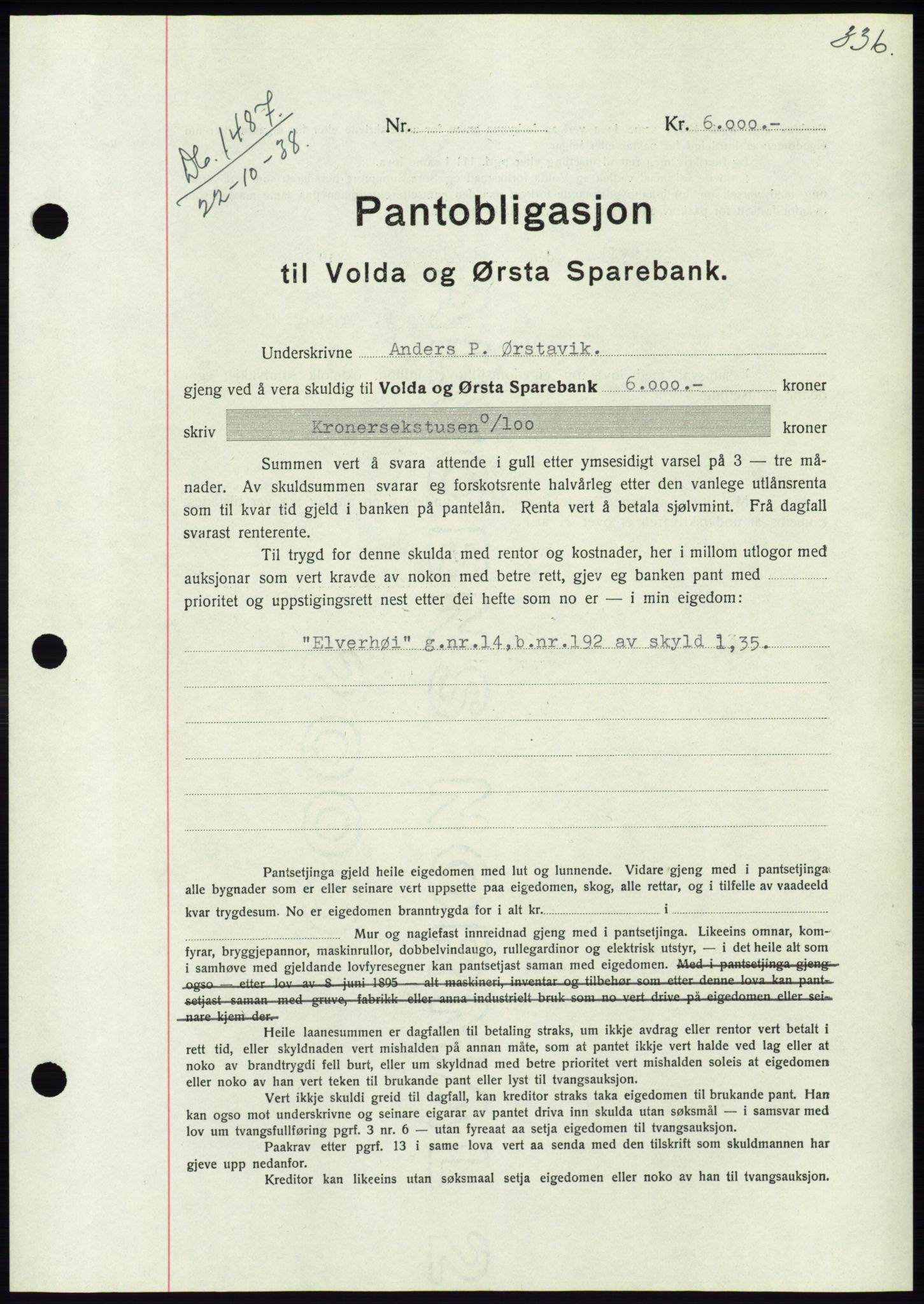 Søre Sunnmøre sorenskriveri, AV/SAT-A-4122/1/2/2C/L0066: Pantebok nr. 60, 1938-1938, Dagboknr: 1487/1938