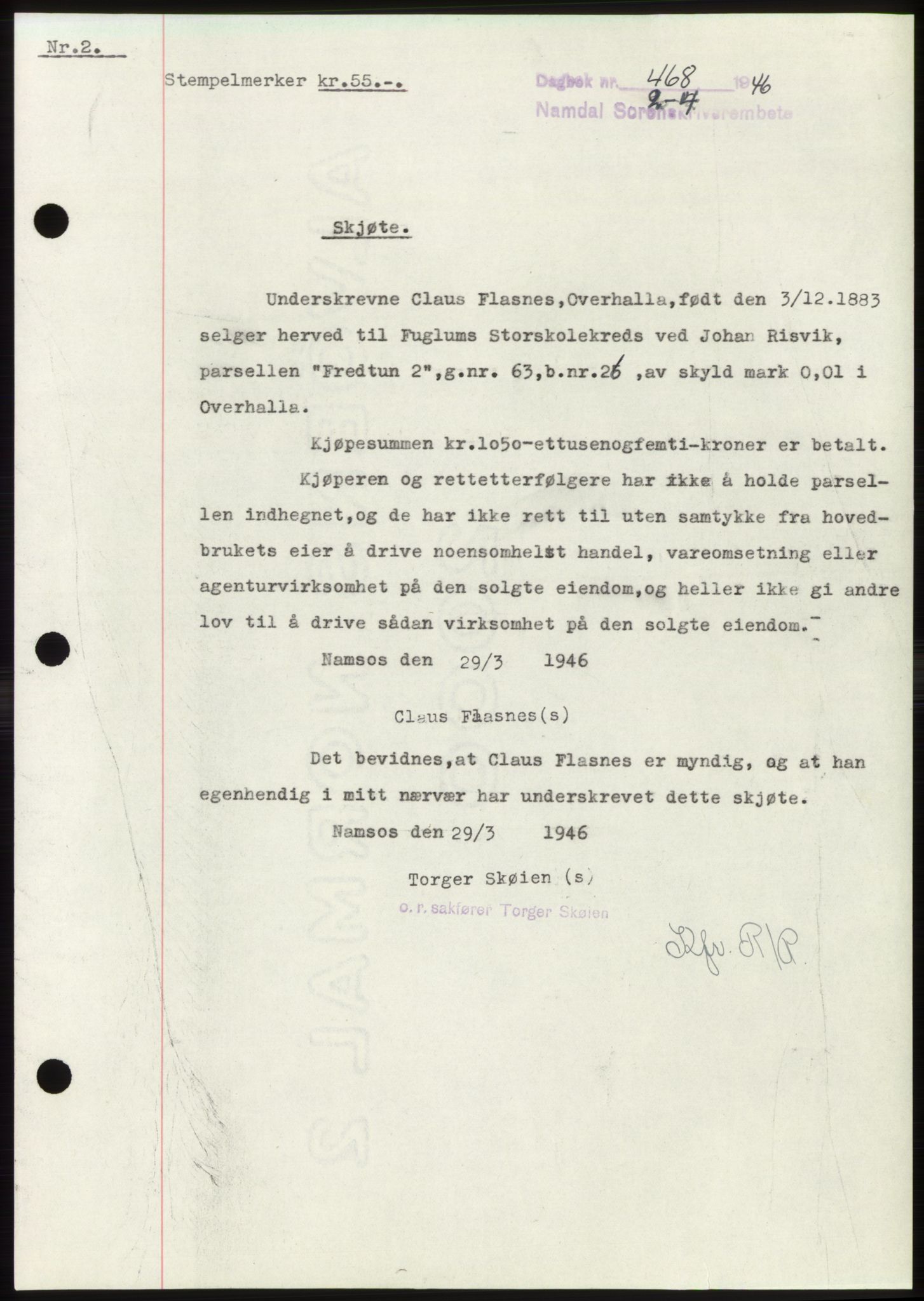 Namdal sorenskriveri, AV/SAT-A-4133/1/2/2C: Pantebok nr. -, 1946-1946, Dagboknr: 468/1946