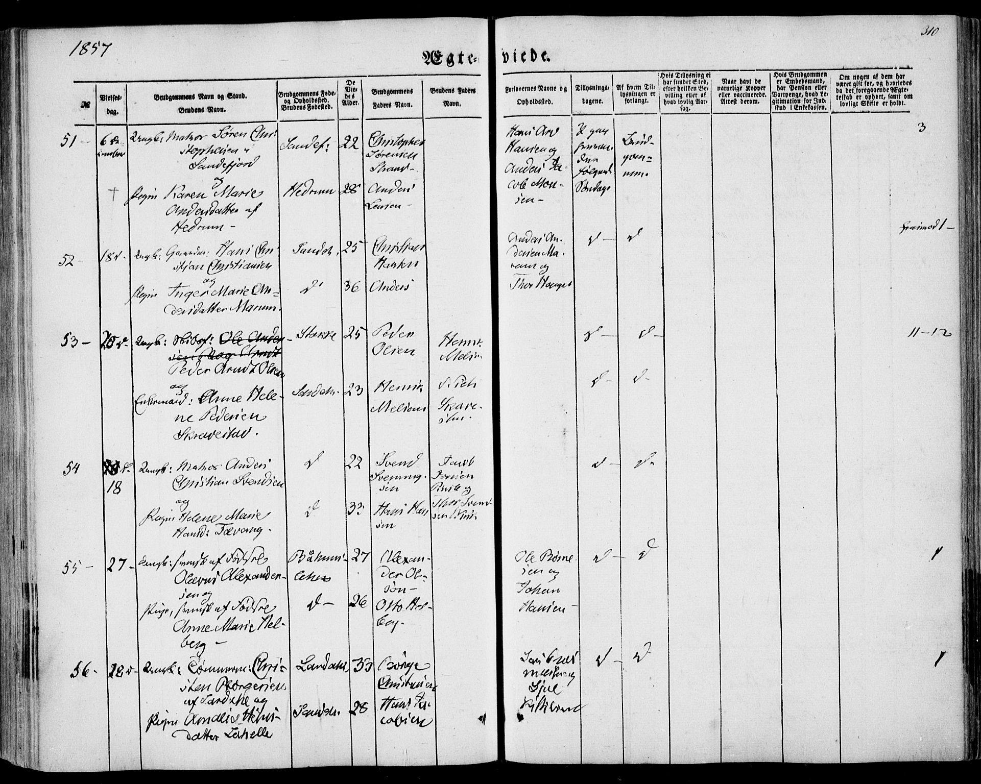 Sandar kirkebøker, AV/SAKO-A-243/F/Fa/L0007: Ministerialbok nr. 7, 1855-1861, s. 310