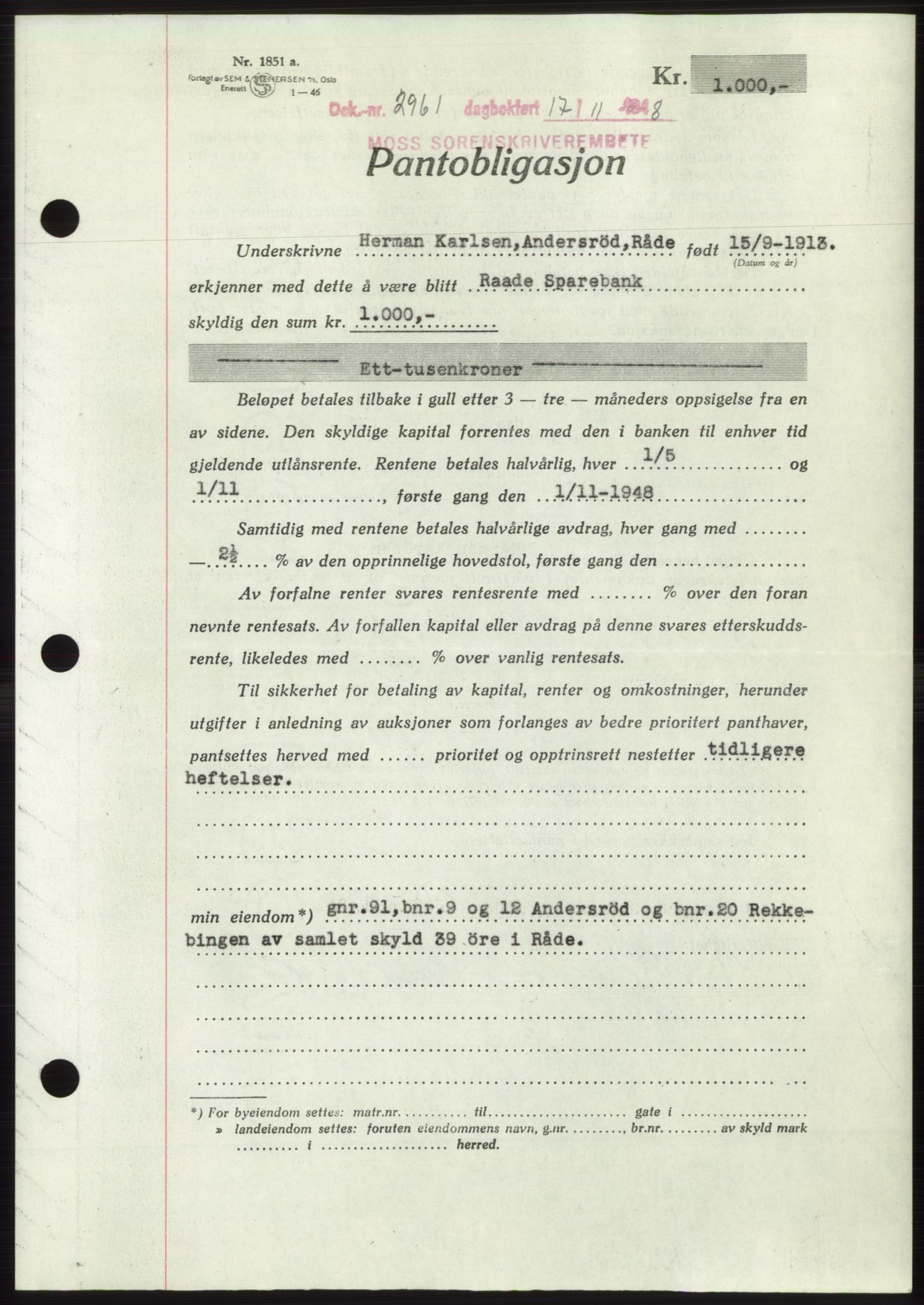 Moss sorenskriveri, AV/SAO-A-10168: Pantebok nr. B20, 1948-1948, Dagboknr: 2961/1948